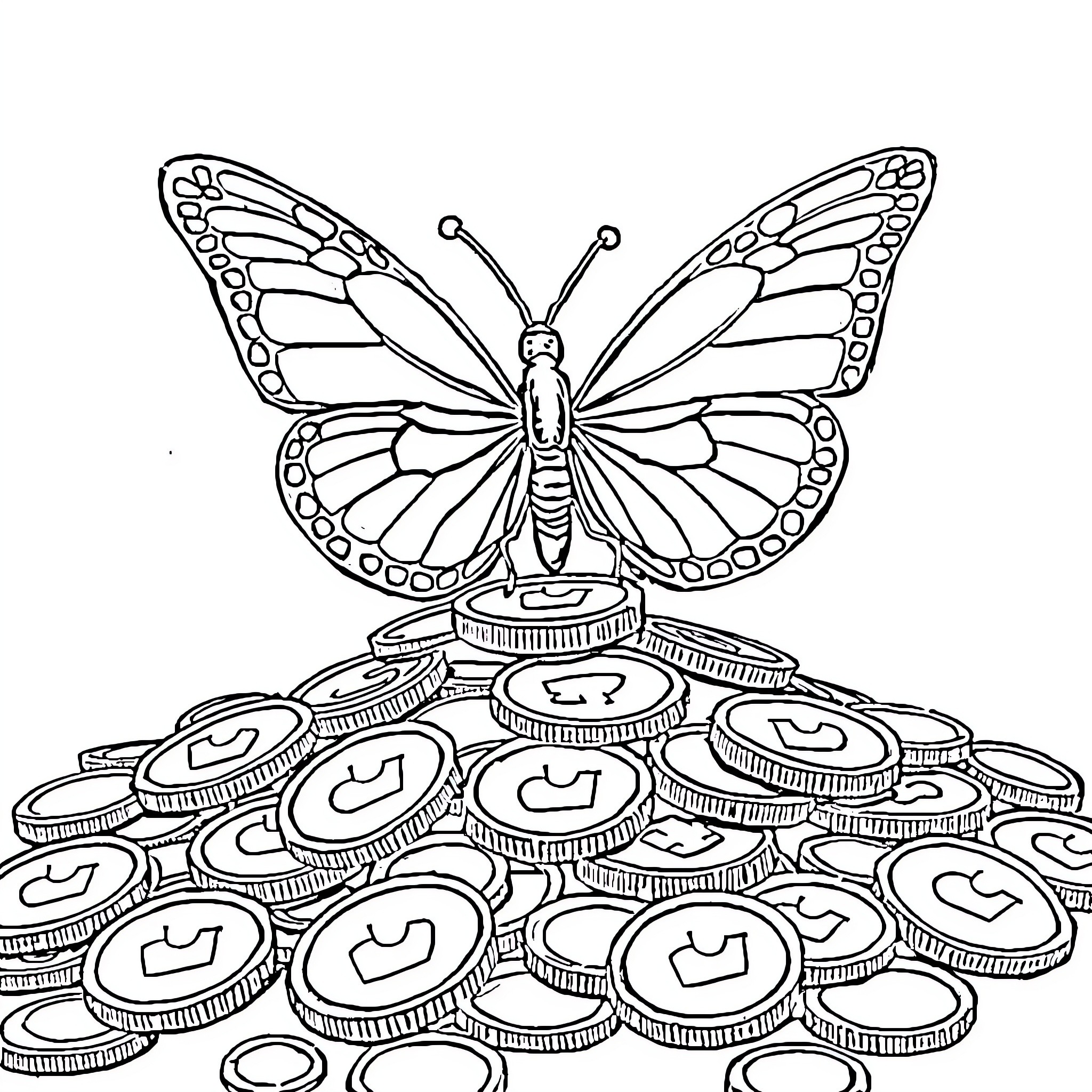 Butterfly resting on a pile of coins Coloring Page (free black-and-white line drawing printable PDF for all, from beginners to advanced learners, including children, teens, adults, and seniors)