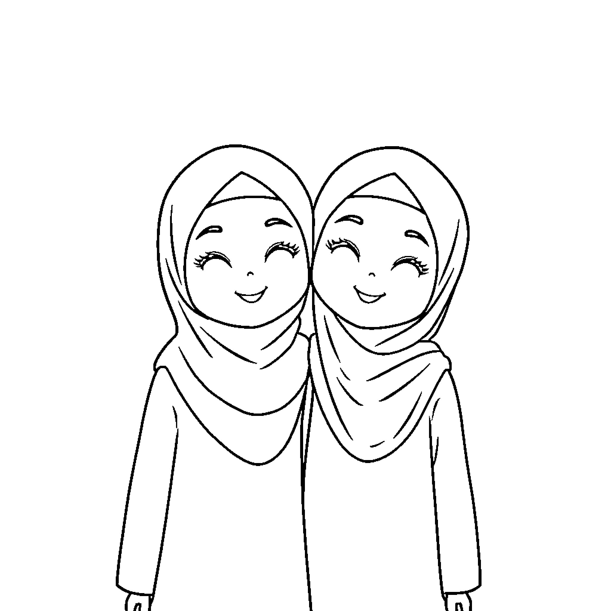 Hijabi Sisters Sharing a Joyful Moment Coloring Page (free black-and-white line drawing printable PDF for all, from beginners to advanced learners, including children, teens, adults, and seniors)
