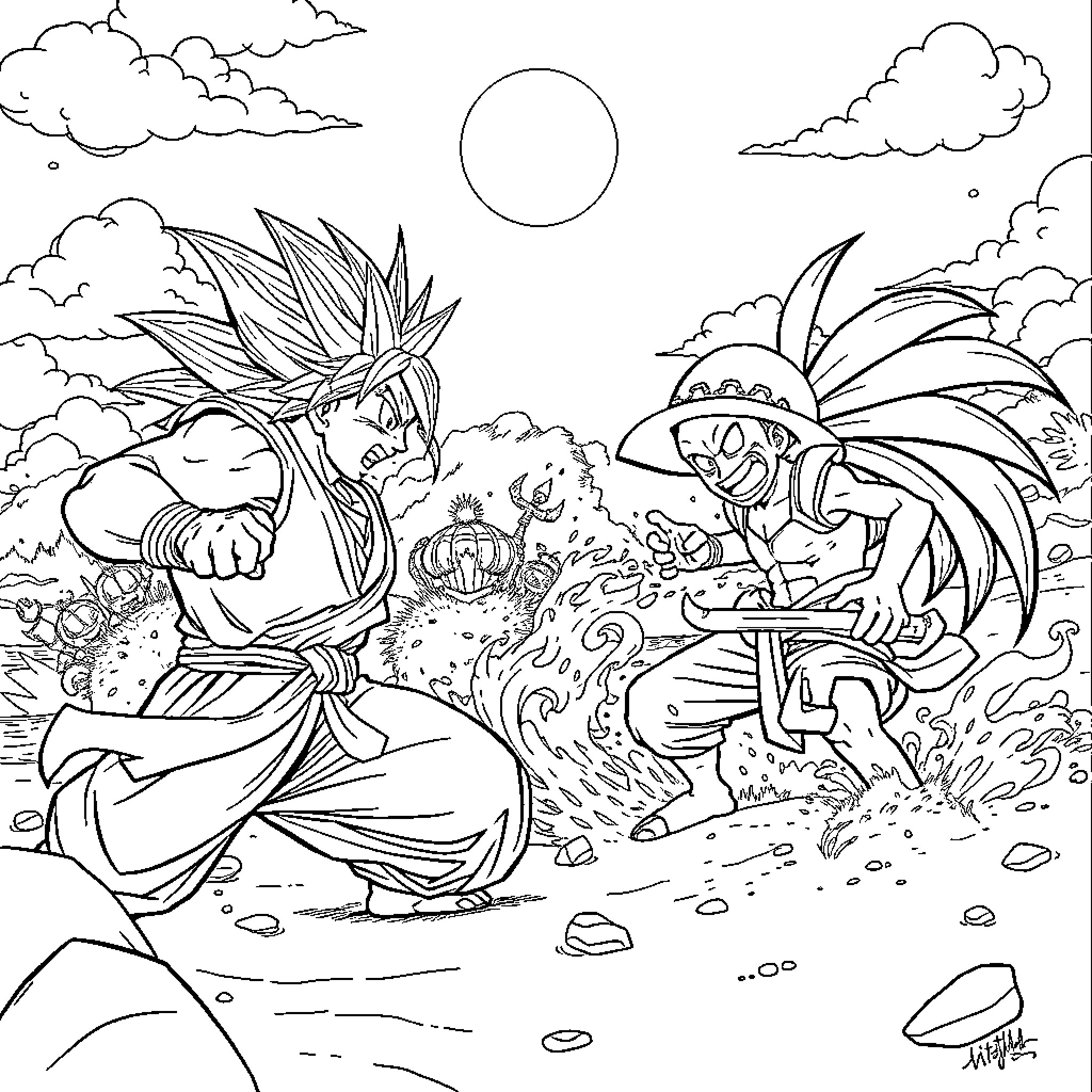 Dragon Ball Z - Goku and Vegeta's intense battle in the clouds Coloring Page (free black-and-white line drawing printable PDF for all, from beginners to advanced learners, including children, teens, adults, and seniors)