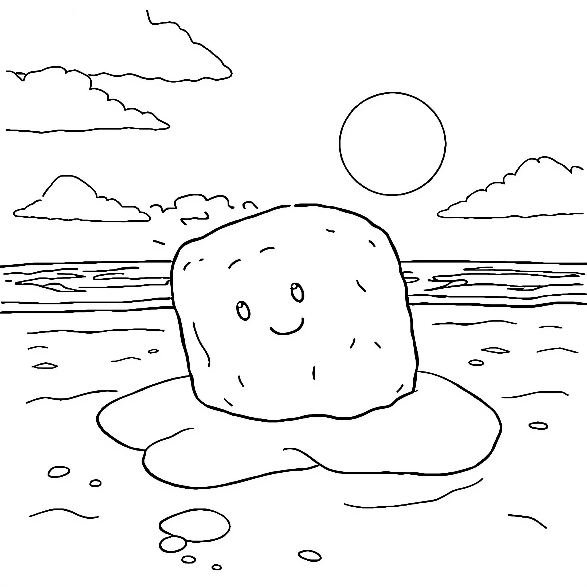Marshmallow enjoying a sunny day at the beach Coloring Page (free black-and-white line drawing printable PDF for all, from beginners to advanced learners, including children, teens, adults, and seniors)