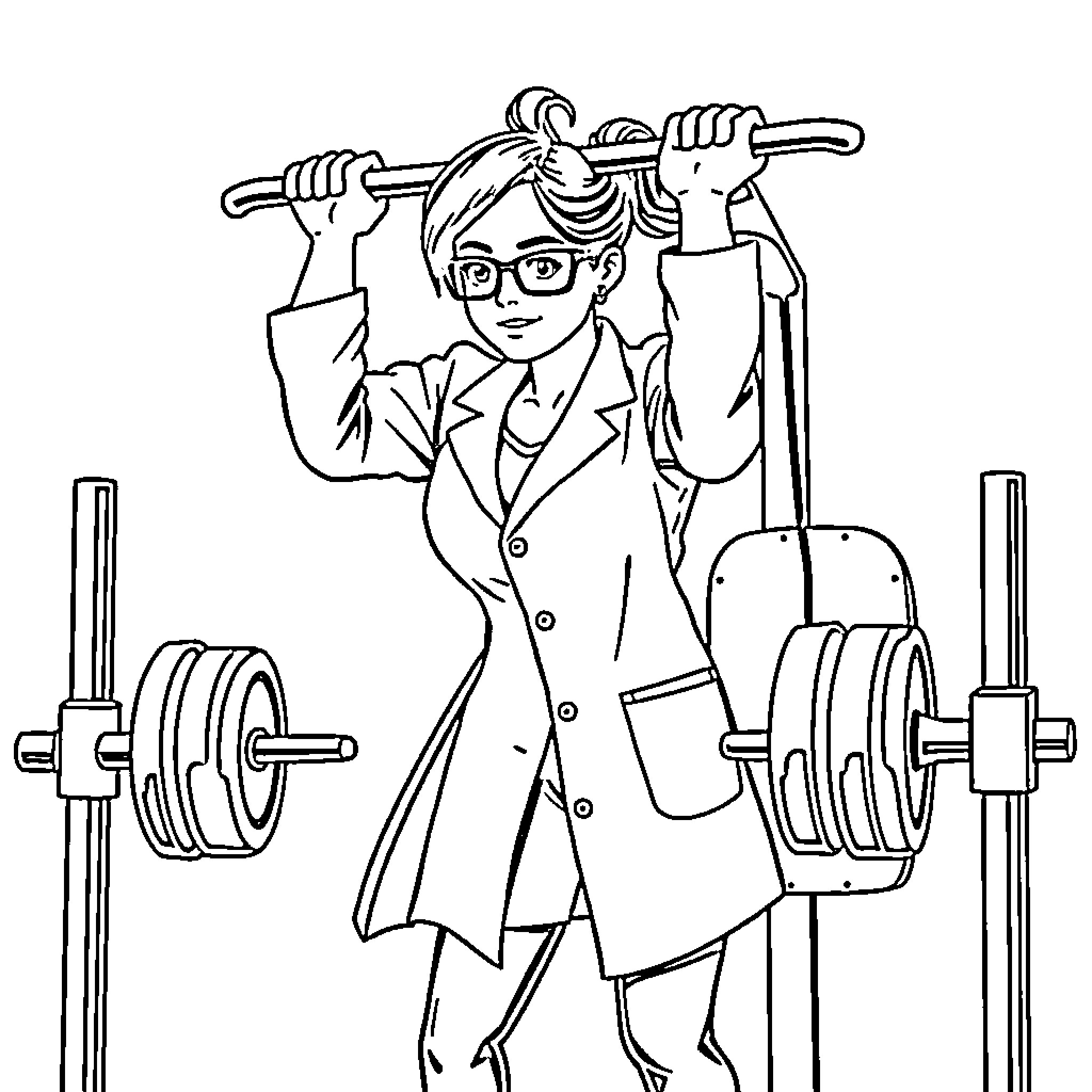 Scientista Lifting Weights in the Laboratory Coloring Page (free black-and-white line drawing printable PDF for all, from beginners to advanced learners, including children, teens, adults, and seniors)
