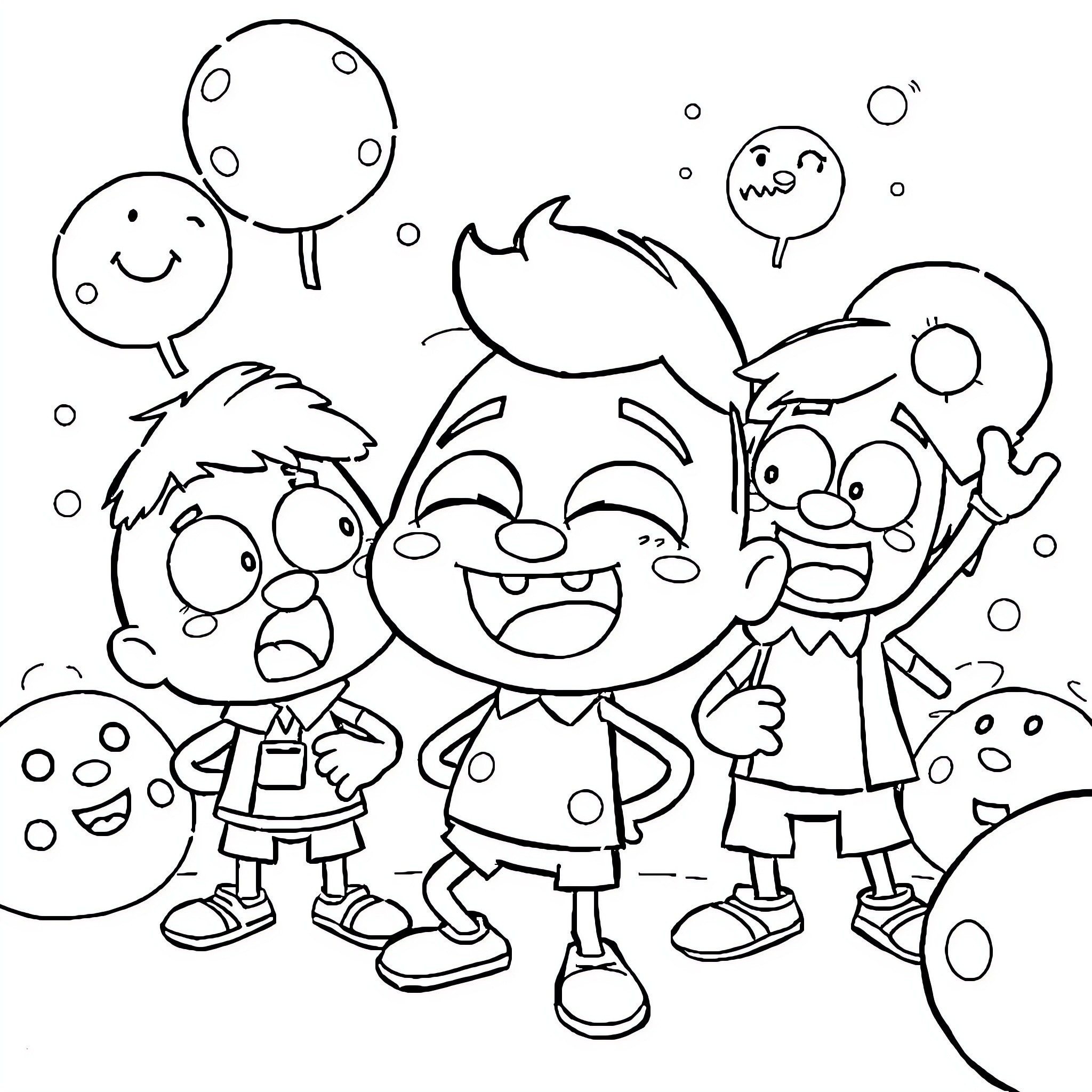 Gumball characters having fun in a playful scene Coloring Page (free black-and-white line drawing printable PDF for all, from beginners to advanced learners, including children, teens, adults, and seniors)
