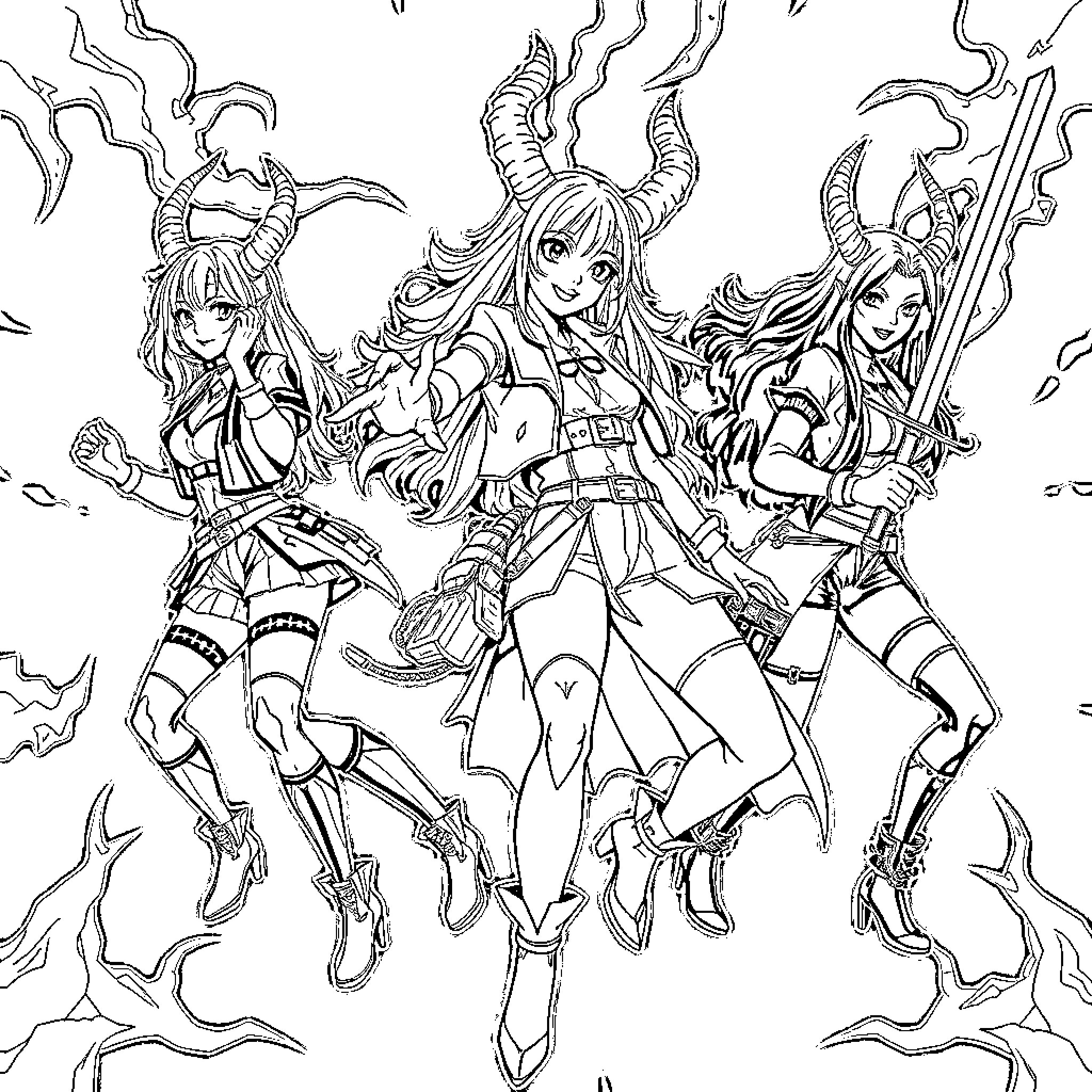 Huntrix: Trio of Fierce Demon Huntresses Coloring Page (free black-and-white line drawing printable PDF for all, from beginners to advanced learners, including children, teens, adults, and seniors)