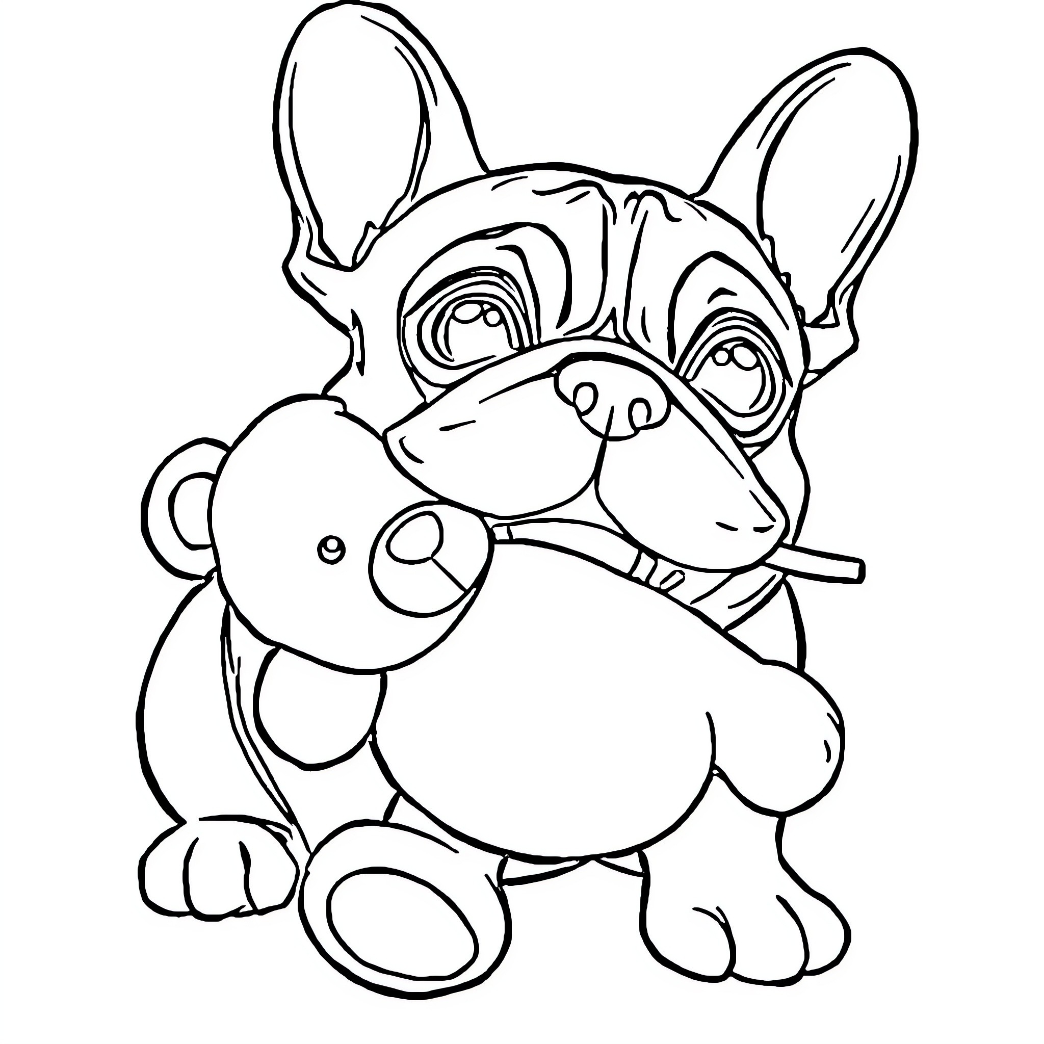 French Bulldog playing with stuffed toy Coloring Page (free black-and-white line drawing printable PDF for all, from beginners to advanced learners, including children, teens, adults, and seniors)