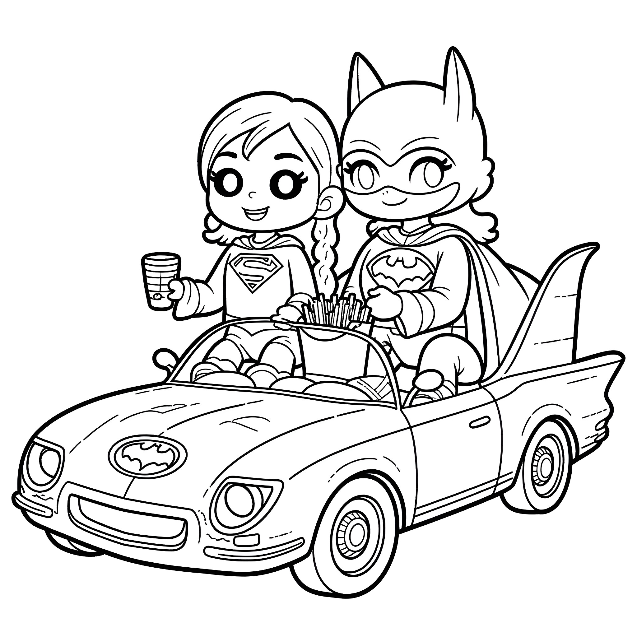 Superman and Batgirl go on a fun road trip Coloring Page (free black-and-white line drawing printable PDF for all, from beginners to advanced learners, including children, teens, adults, and seniors)