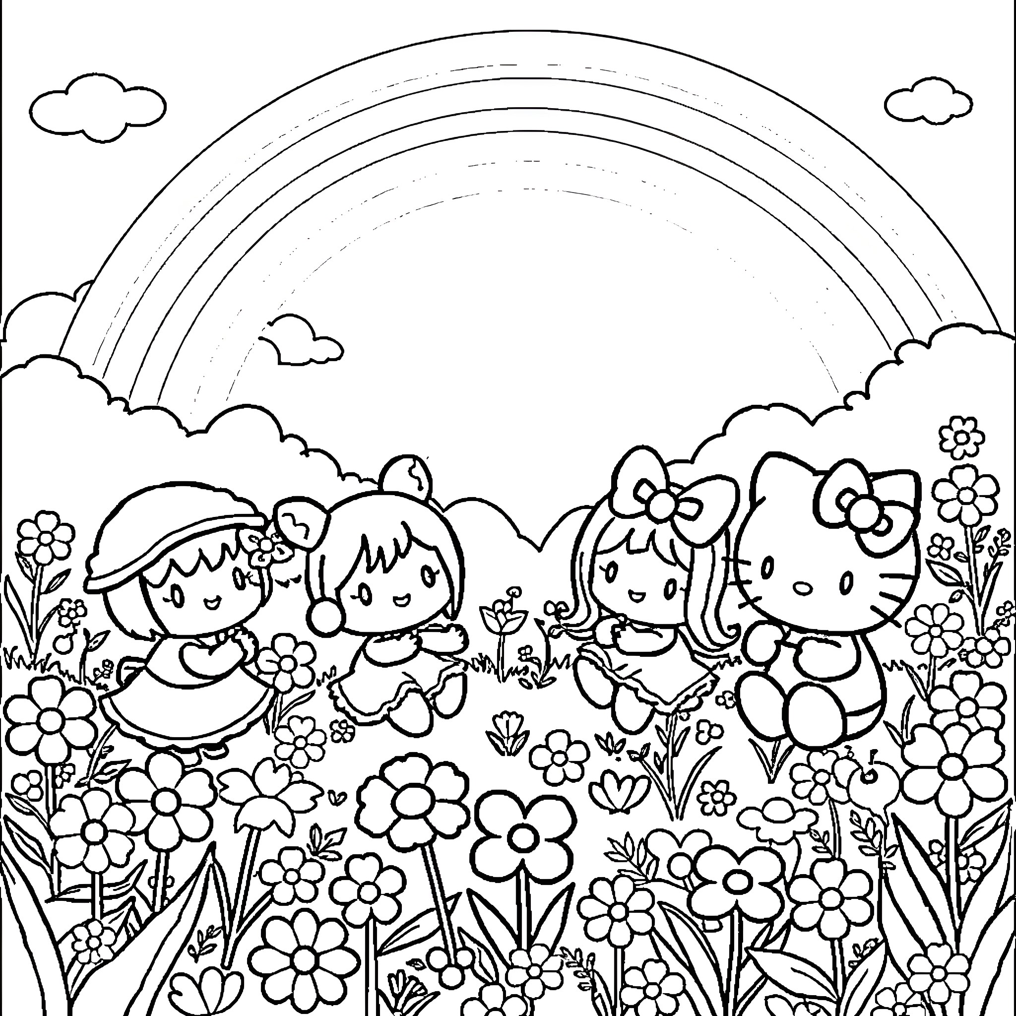 Hello Kitty playing with friends in a flower field Coloring Page (free black-and-white line drawing printable PDF for all, from beginners to advanced learners, including children, teens, adults, and seniors)
