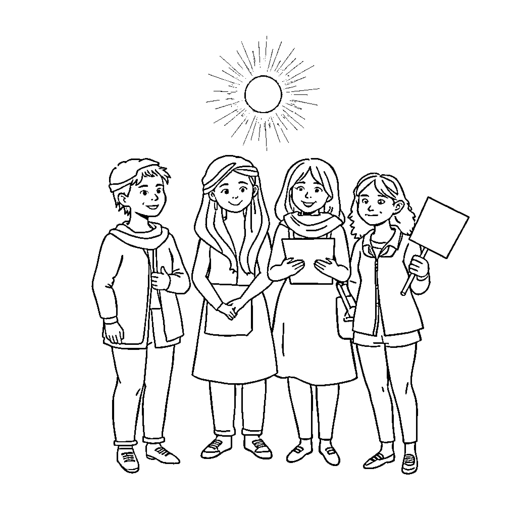 Helper group of students working together happily Coloring Page (free black-and-white line drawing printable PDF for all, from beginners to advanced learners, including children, teens, adults, and seniors)
