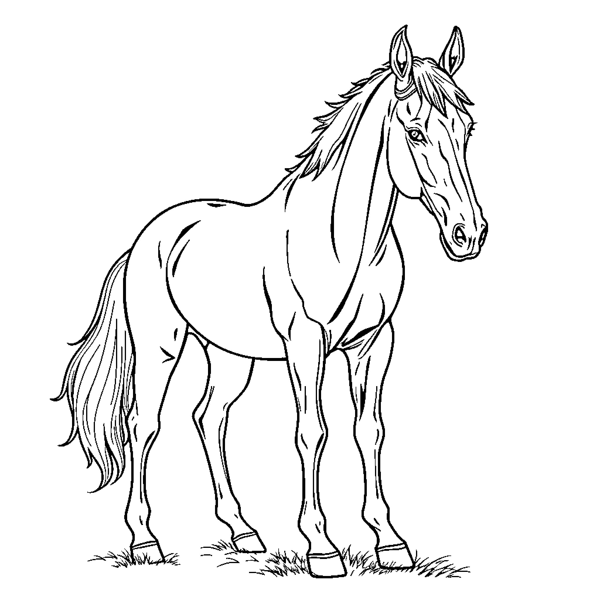 Arabian Horse standing gracefully in the field Coloring Page (free black-and-white line drawing printable PDF for all, from beginners to advanced learners, including children, teens, adults, and seniors)