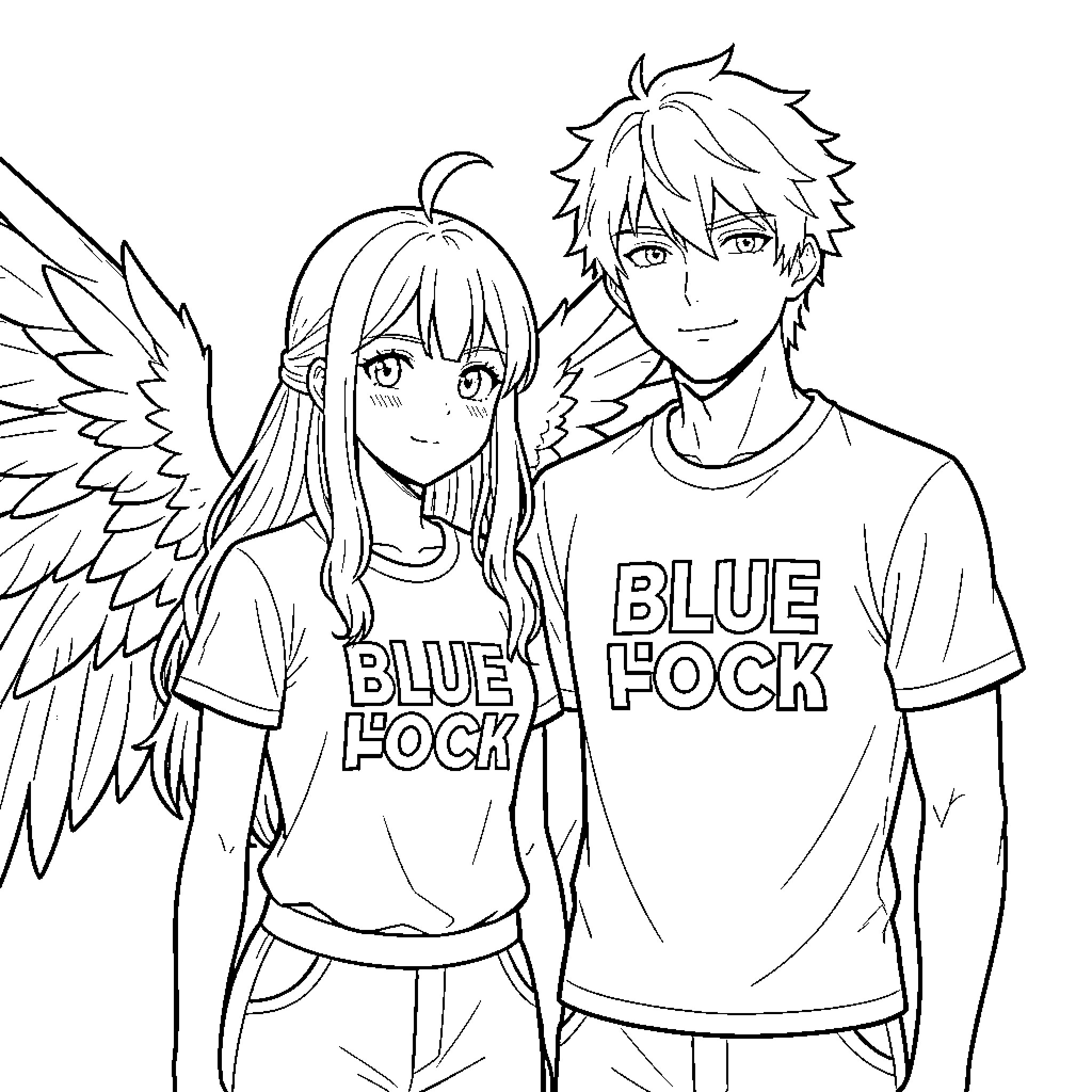Chica with large wings standing beside a young man Coloring Page (free black-and-white line drawing printable PDF for all, from beginners to advanced learners, including children, teens, adults, and seniors)