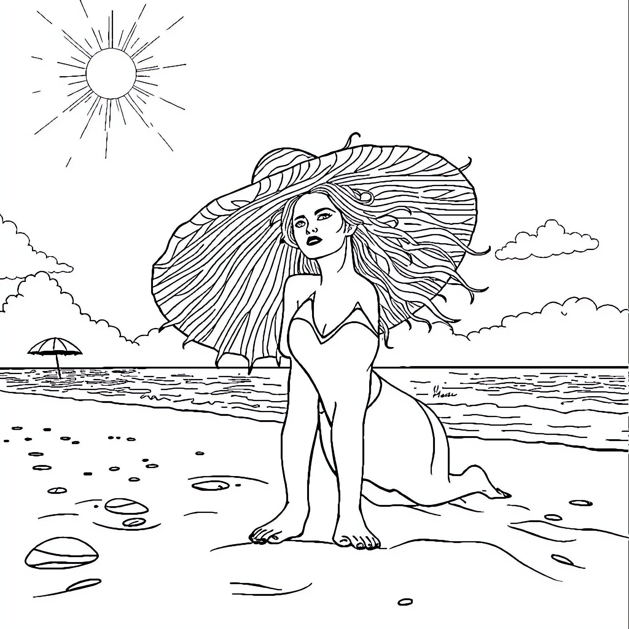 Atún woman relaxing on the beach under the sun Coloring Page (free black-and-white line drawing printable PDF for all, from beginners to advanced learners, including children, teens, adults, and seniors)