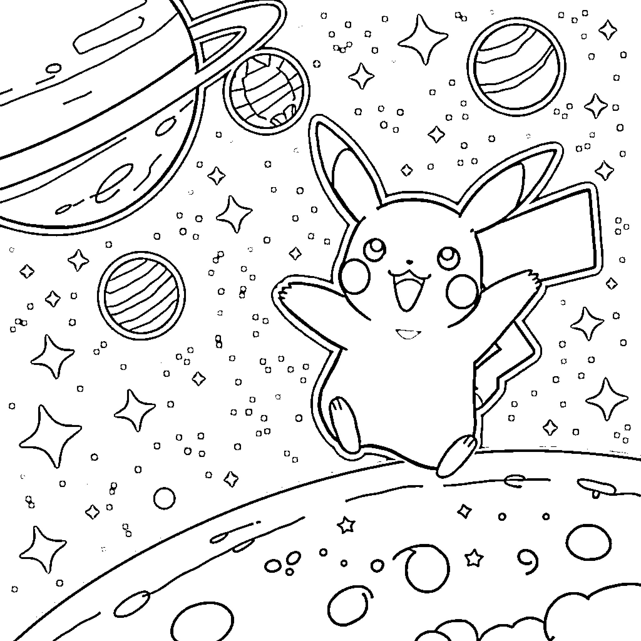 Pikachu exploring the galaxy Coloring Page (free black-and-white line drawing printable PDF for all, from beginners to advanced learners, including children, teens, adults, and seniors)
