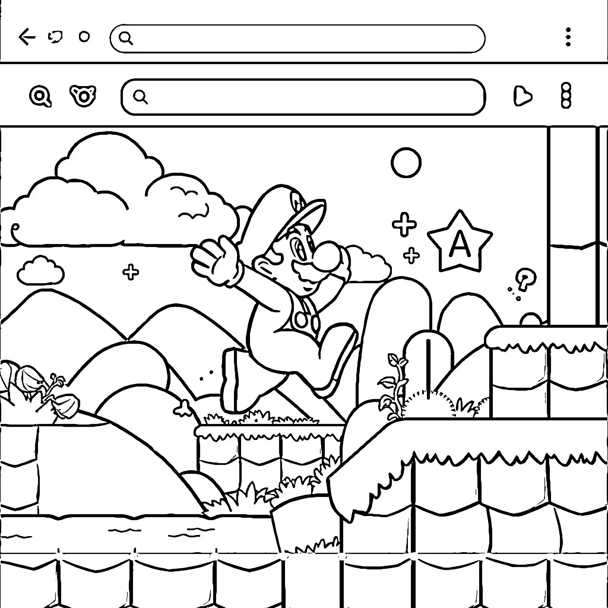 Super Mario on a Platforming Adventure Coloring Page (free black-and-white line drawing printable PDF for all, from beginners to advanced learners, including children, teens, adults, and seniors)