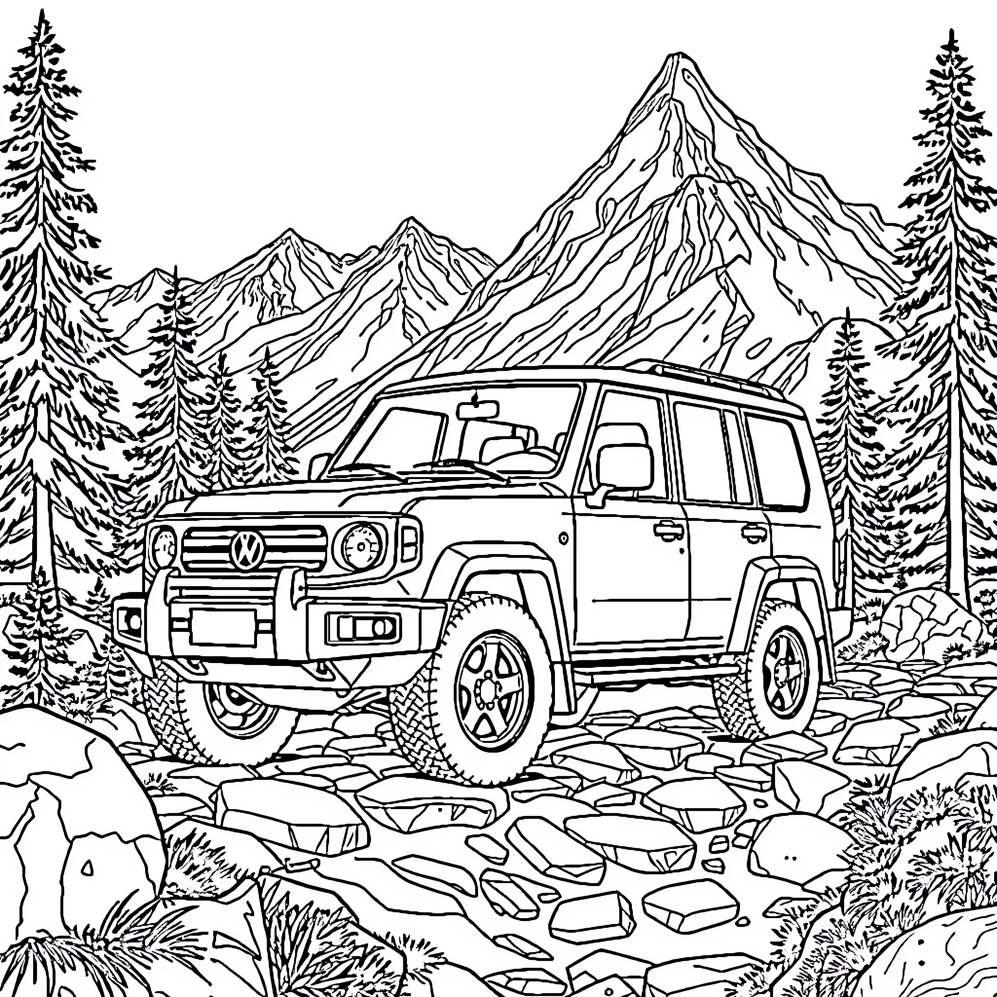Land Cruiser exploring rugged mountain terrain Coloring Page (free black-and-white line drawing printable PDF for all, from beginners to advanced learners, including children, teens, adults, and seniors)