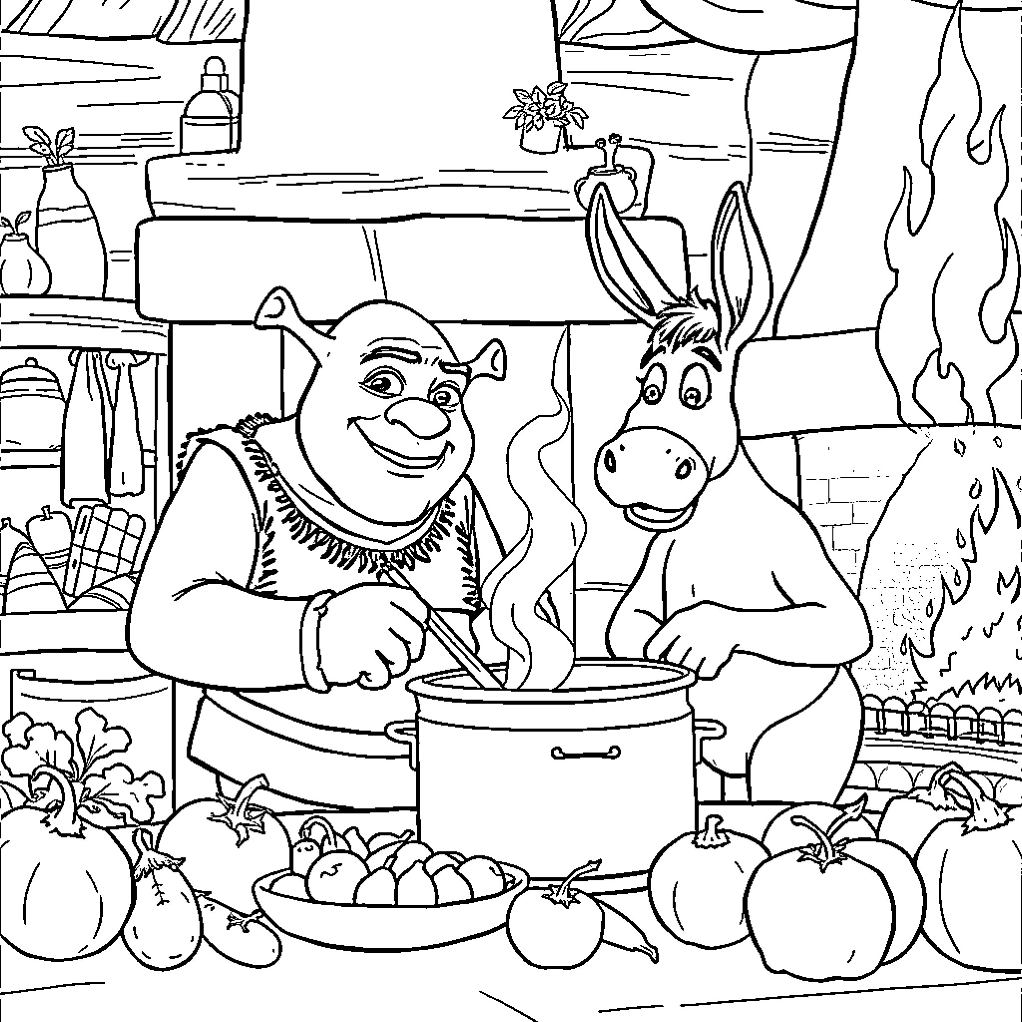 Shrek and Donkey cooking together in the kitchen Coloring Page (free black-and-white line drawing printable PDF for all, from beginners to advanced learners, including children, teens, adults, and seniors)