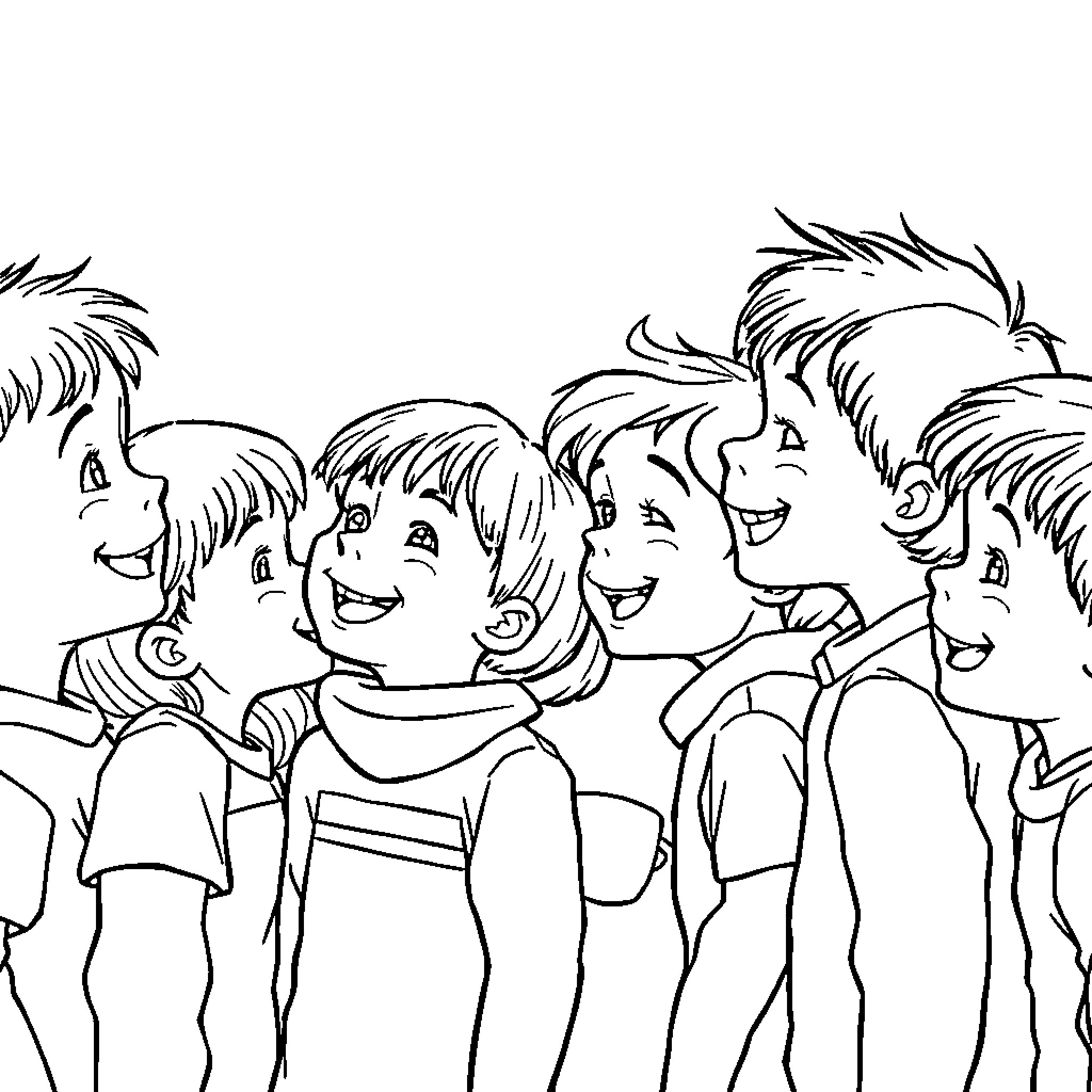 Child group playing happily together Coloring Page (free black-and-white line drawing printable PDF for all, from beginners to advanced learners, including children, teens, adults, and seniors)