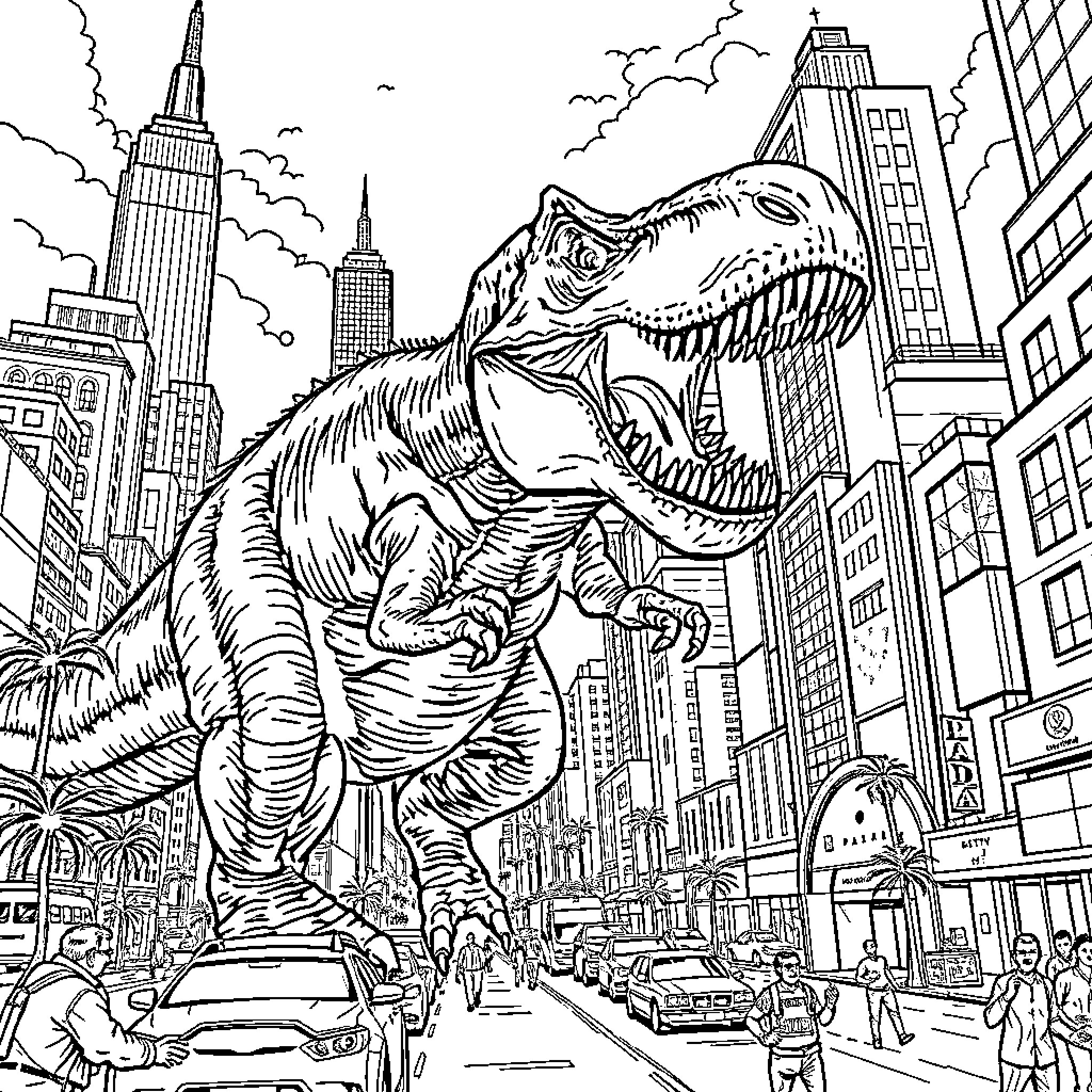 T-Rex Rampaging Through the City Streets Coloring Page (free black-and-white line drawing printable PDF for all, from beginners to advanced learners, including children, teens, adults, and seniors)