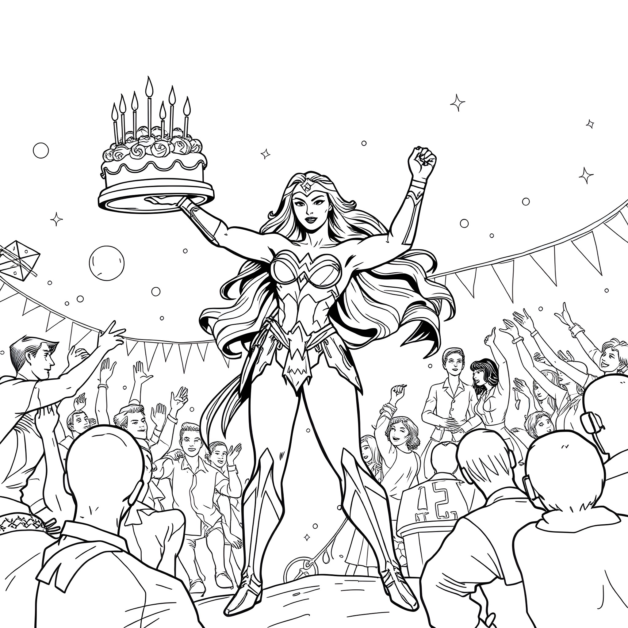 Wonder Woman Celebrating with Crowd at a Party Coloring Page (free black-and-white line drawing printable PDF for all, from beginners to advanced learners, including children, teens, adults, and seniors)