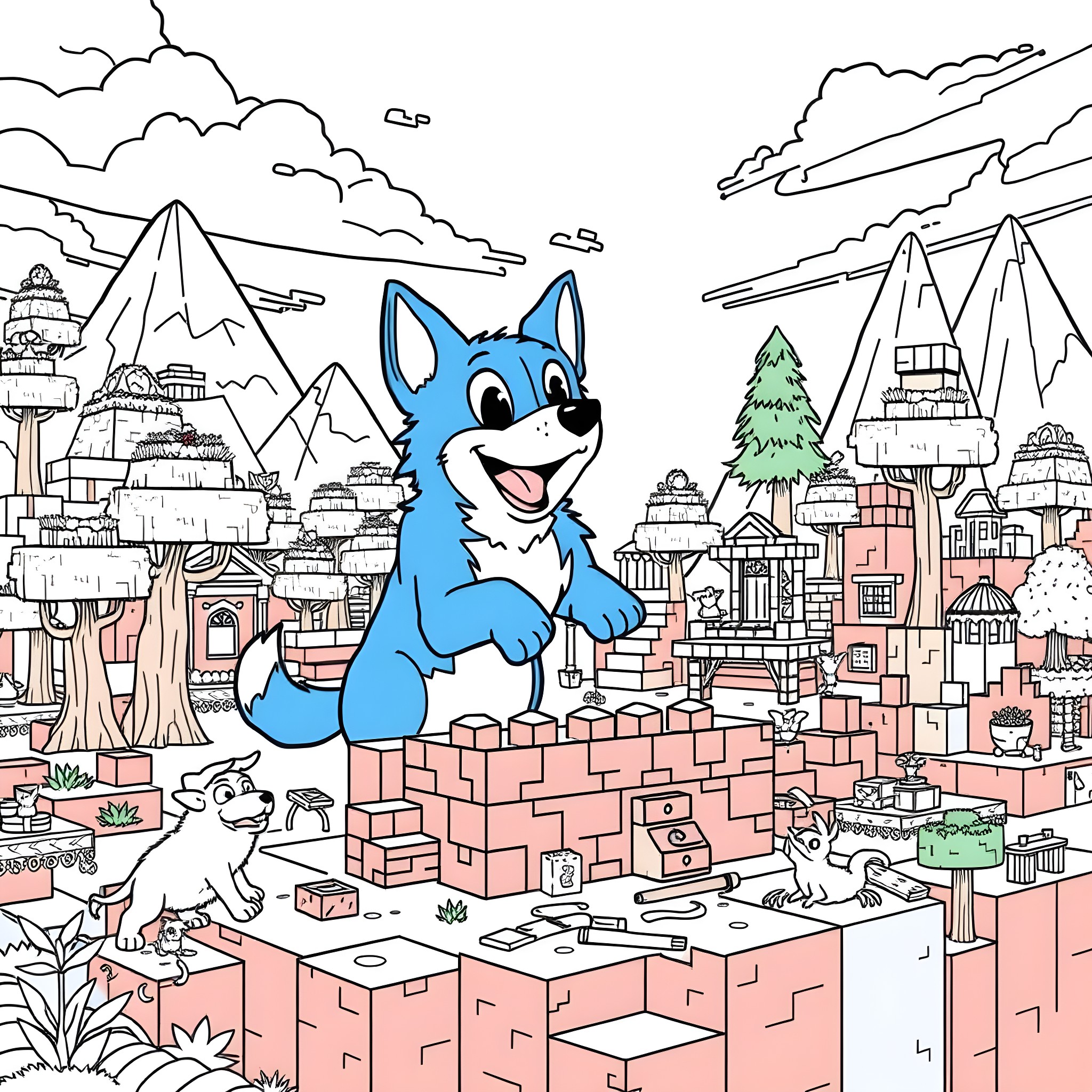 Bluey exploring the vibrant city landscape Coloring Page (free black-and-white line drawing printable PDF for all, from beginners to advanced learners, including children, teens, adults, and seniors)