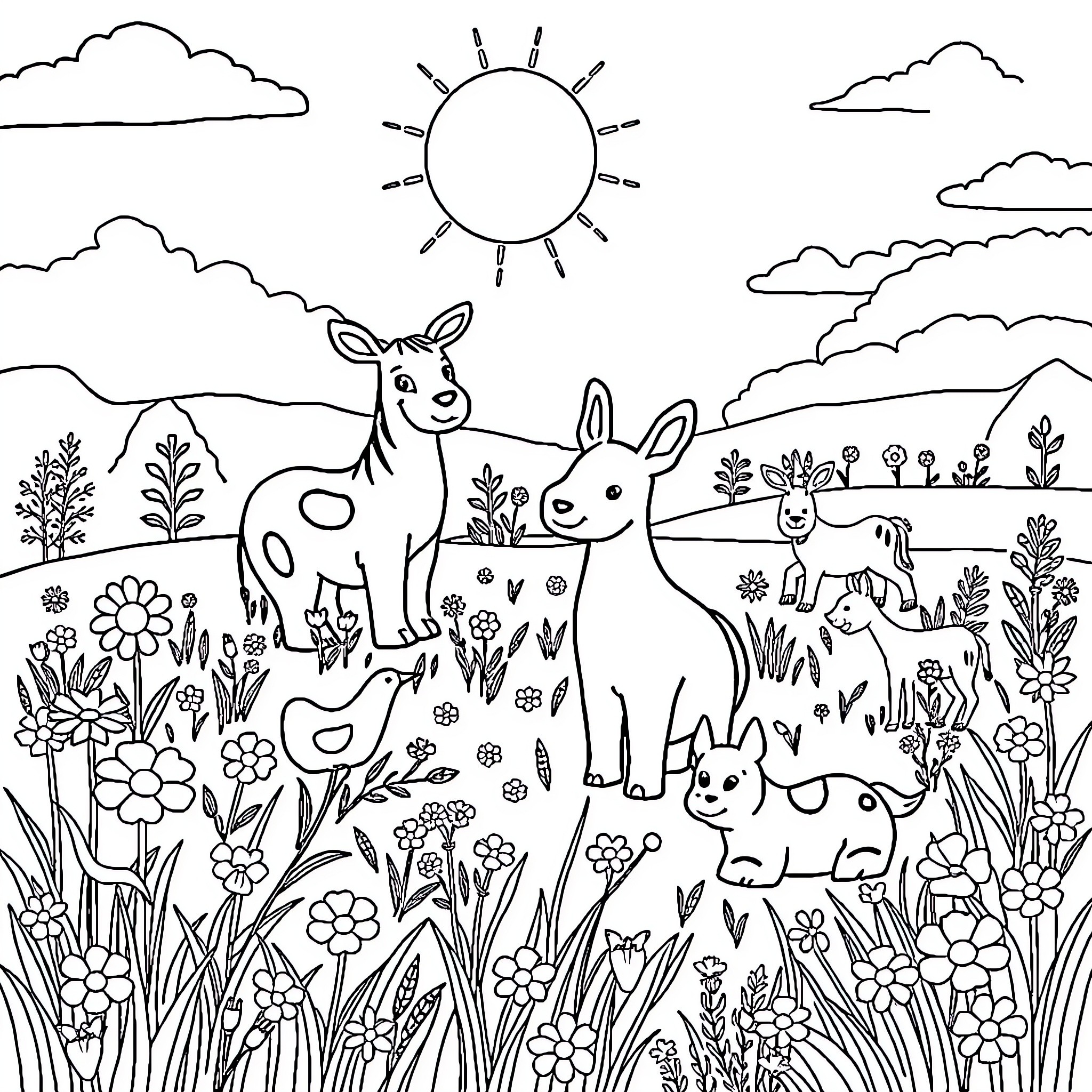Animal family in nature landscape Coloring Page (free black-and-white line drawing printable PDF for all, from beginners to advanced learners, including children, teens, adults, and seniors)