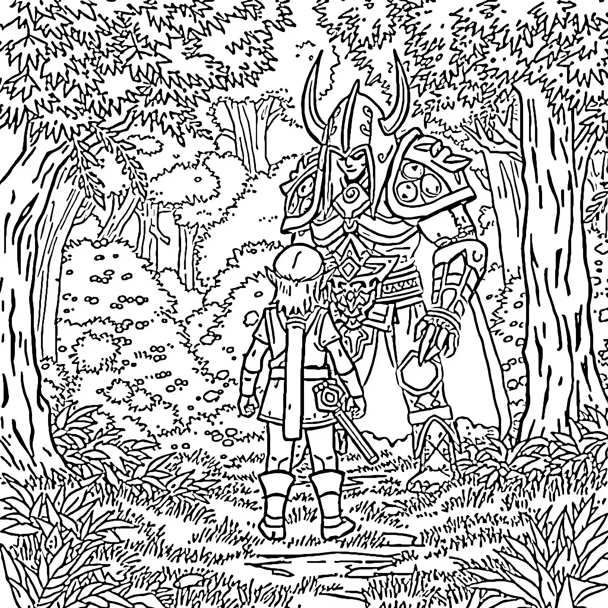 Link Exploring the Enchanted Forest Coloring Page (free black-and-white line drawing printable PDF for all, from beginners to advanced learners, including children, teens, adults, and seniors)