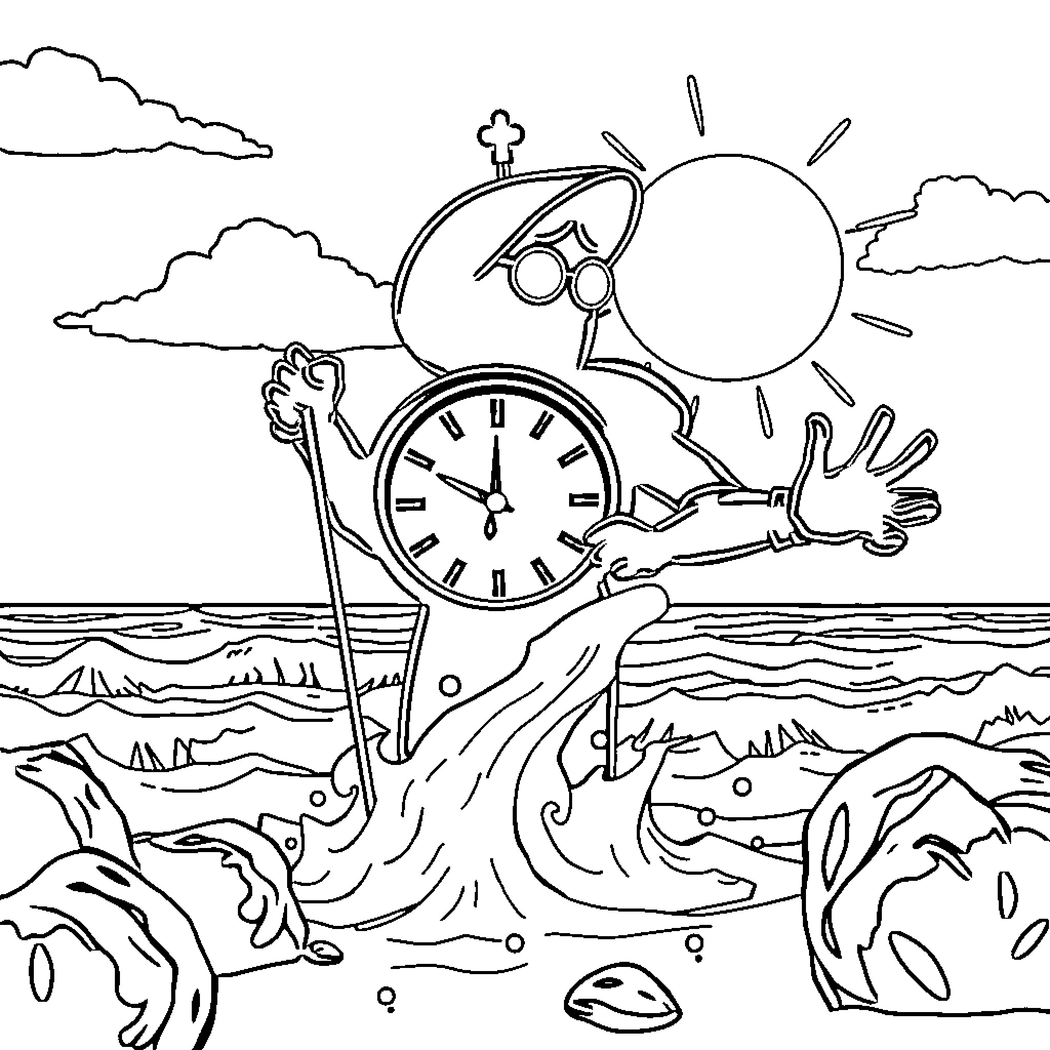 Clockman's Whimsical Seascape Adventure Coloring Page (free black-and-white line drawing printable PDF for all, from beginners to advanced learners, including children, teens, adults, and seniors)
