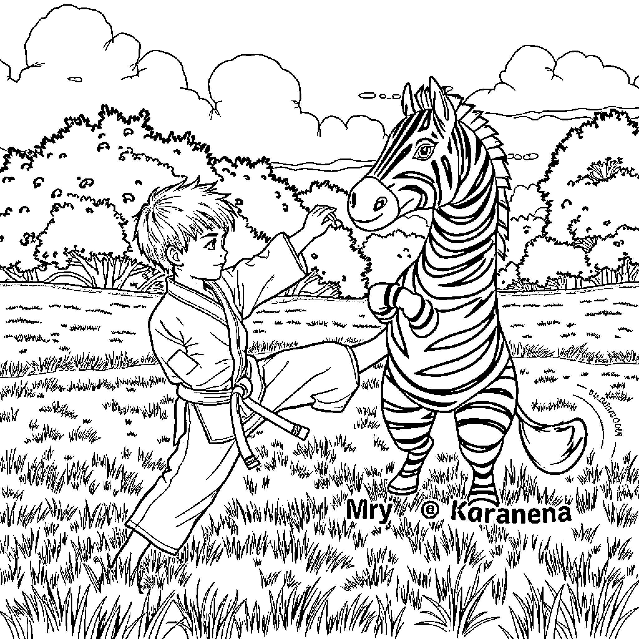 Child playing with a zebra in the countryside Coloring Page (free black-and-white line drawing printable PDF for all, from beginners to advanced learners, including children, teens, adults, and seniors)