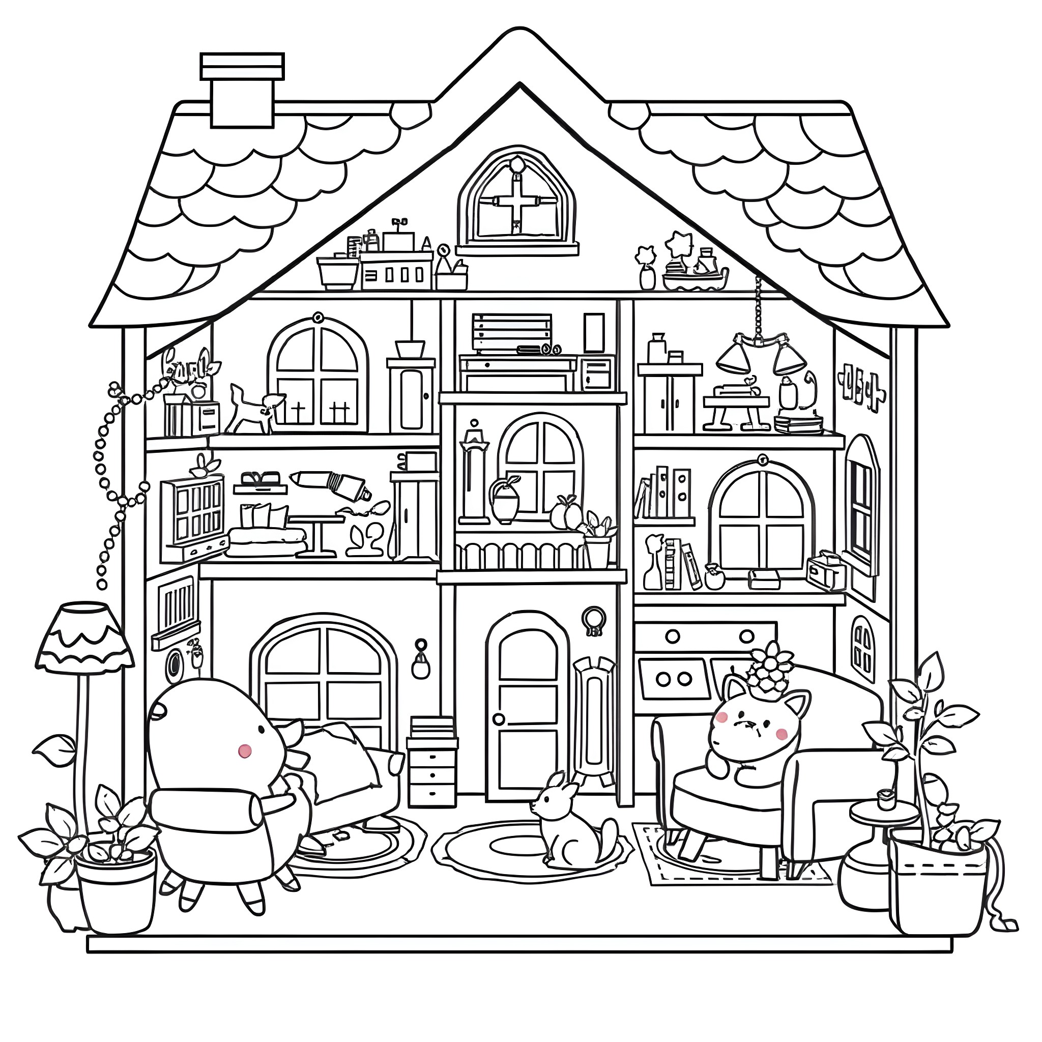 Gabby's Cozy Cottage Adventure Coloring Page (free black-and-white line drawing printable PDF for all, from beginners to advanced learners, including children, teens, adults, and seniors)