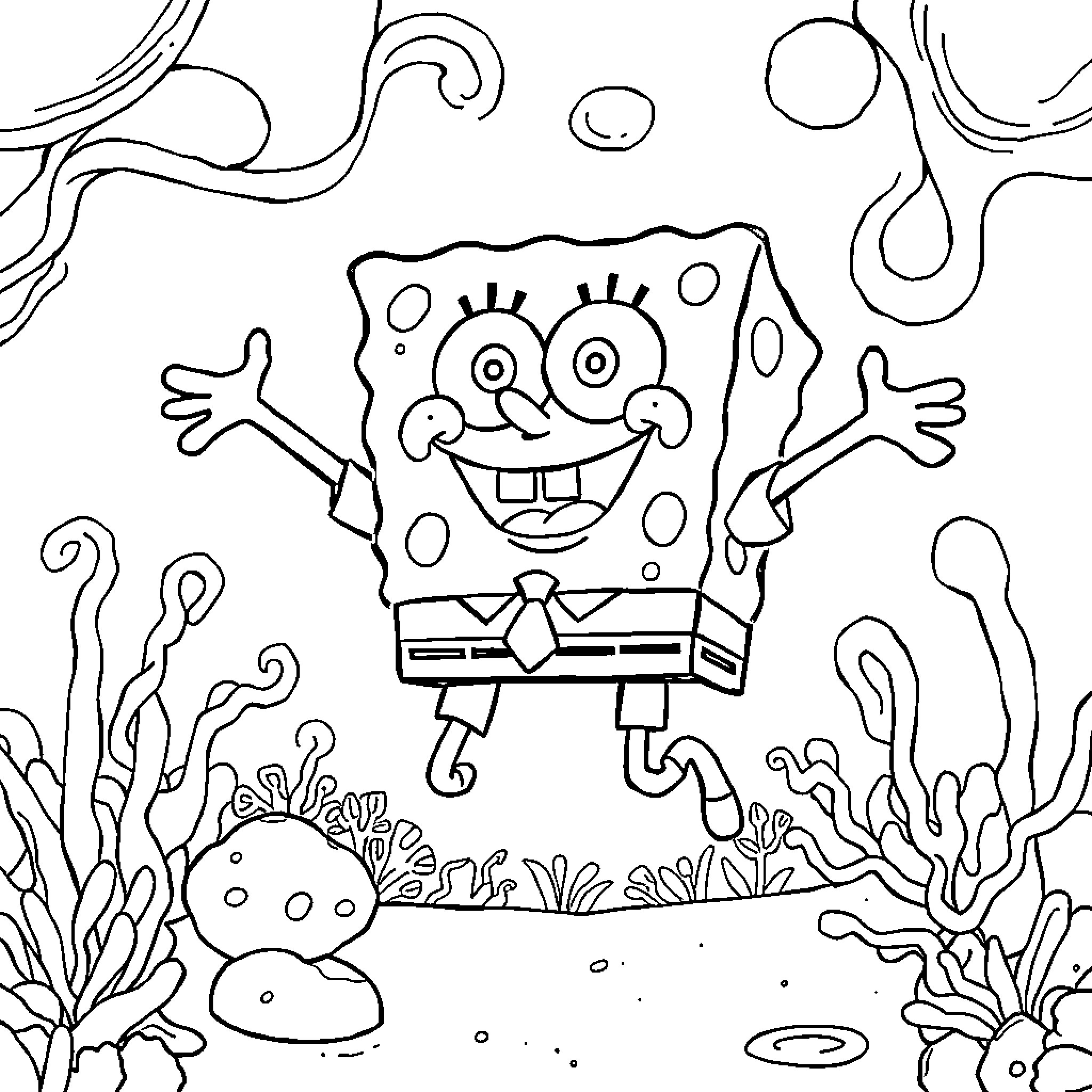 Spongebob excitedly exploring the underwater world Coloring Page (free black-and-white line drawing printable PDF for all, from beginners to advanced learners, including children, teens, adults, and seniors)