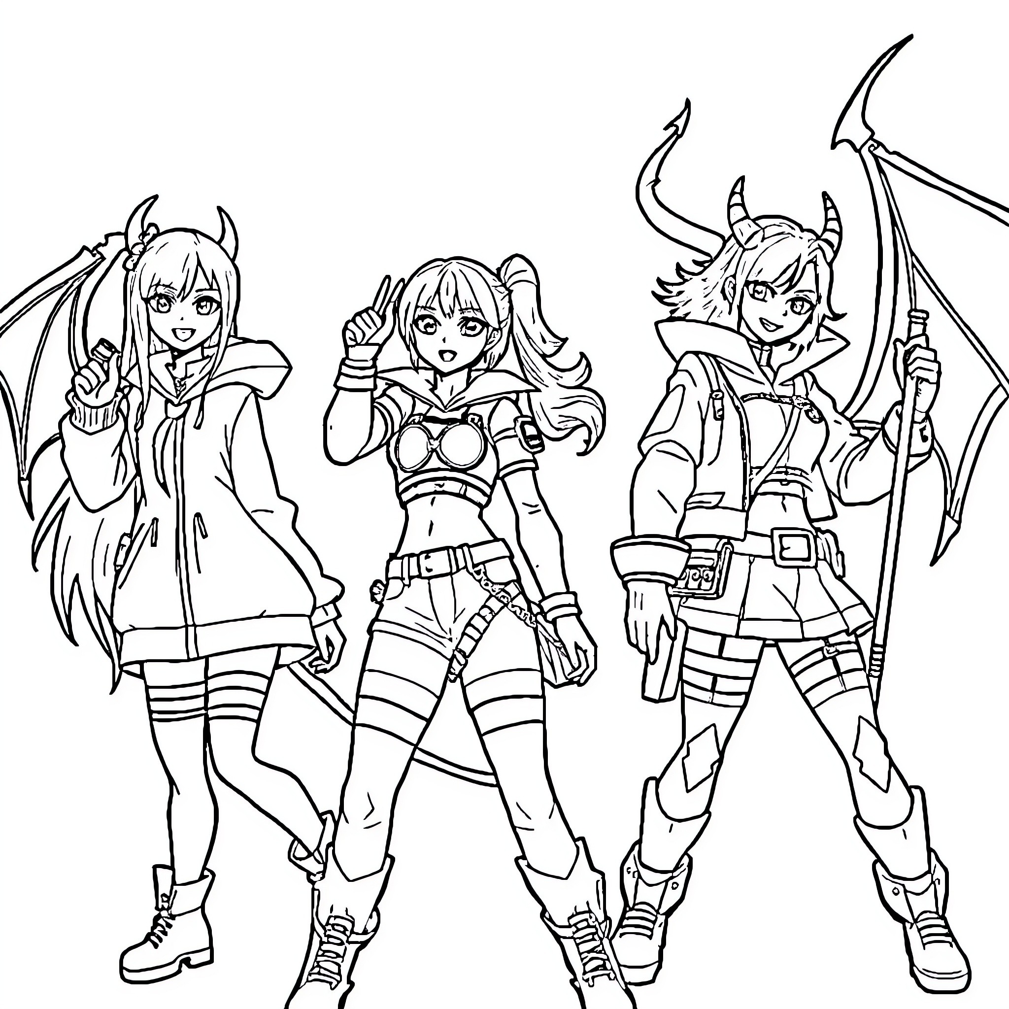 K-POP Demon Hunters in Action-Packed Outfits Coloring Page (free black-and-white line drawing printable PDF for all, from beginners to advanced learners, including children, teens, adults, and seniors)