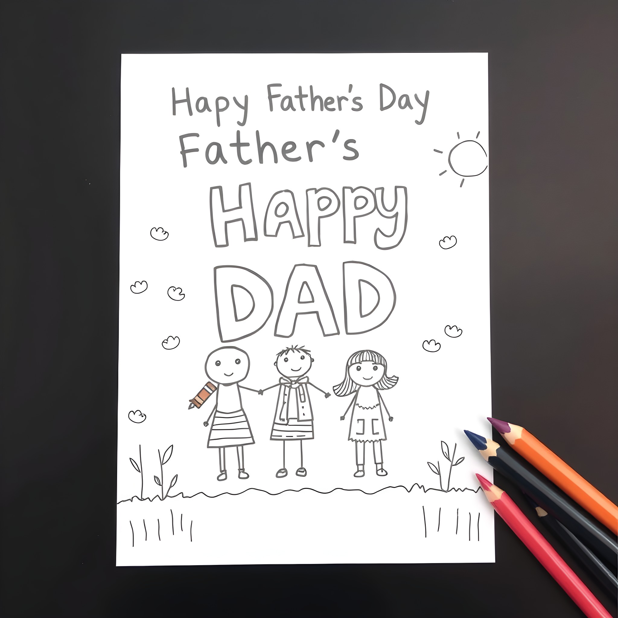 Father's Happy Day with Cheerful Family Coloring Page (free black-and-white line drawing printable PDF for all, from beginners to advanced learners, including children, teens, adults, and seniors)