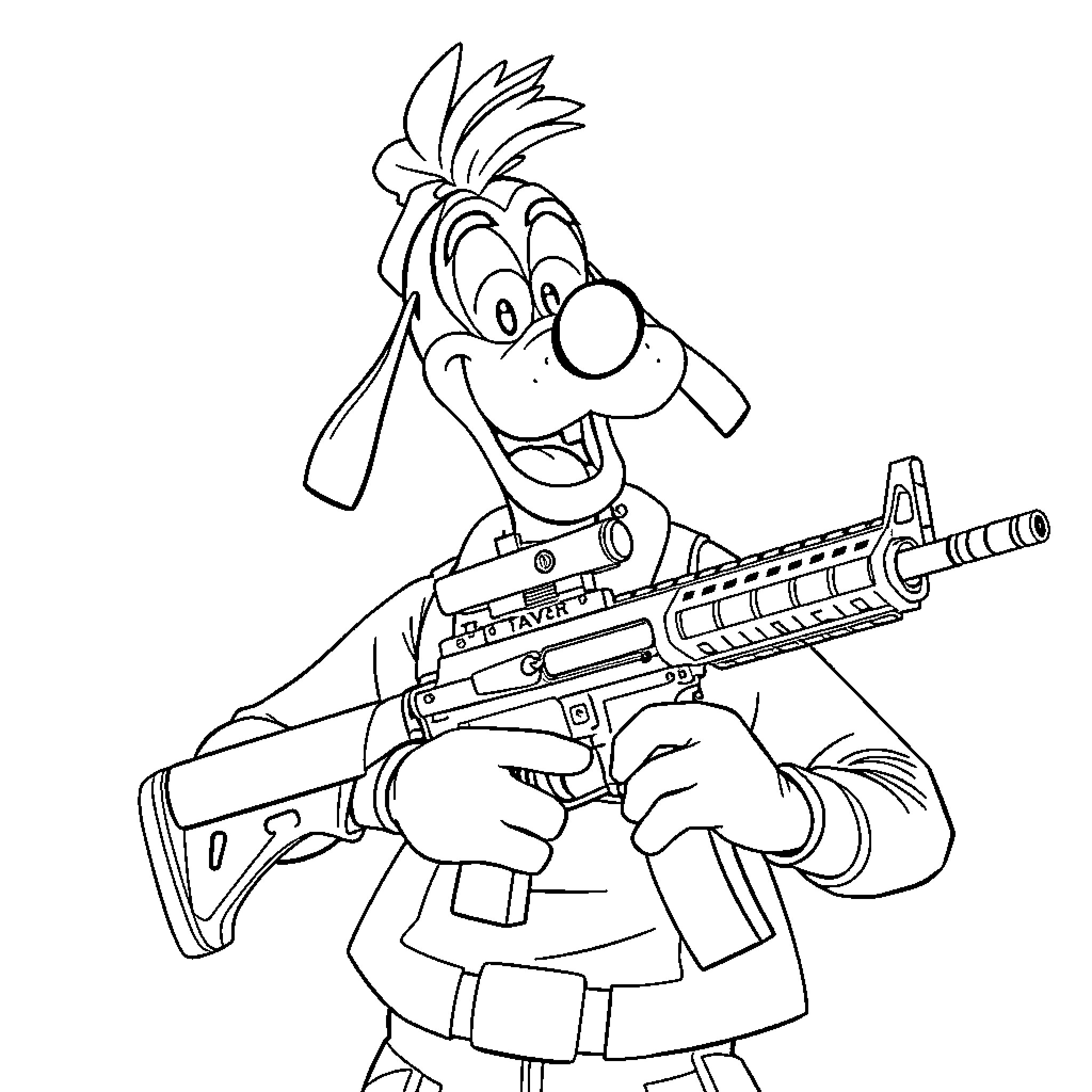 Goofy cartoon character holding a toy gun Coloring Page (free black-and-white line drawing printable PDF for all, from beginners to advanced learners, including children, teens, adults, and seniors)