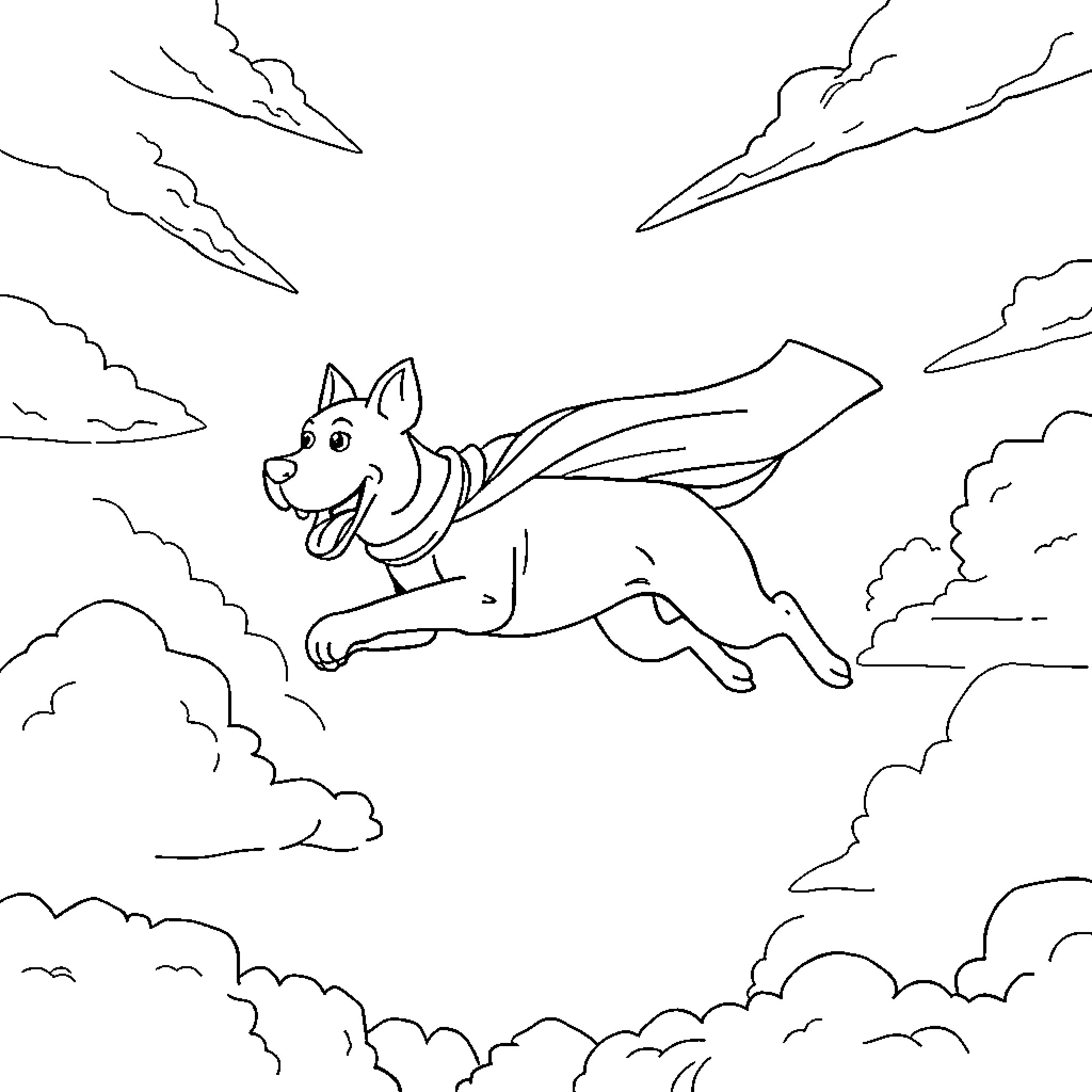 Dog flying happily through the clouds Coloring Page (free black-and-white line drawing printable PDF for all, from beginners to advanced learners, including children, teens, adults, and seniors)