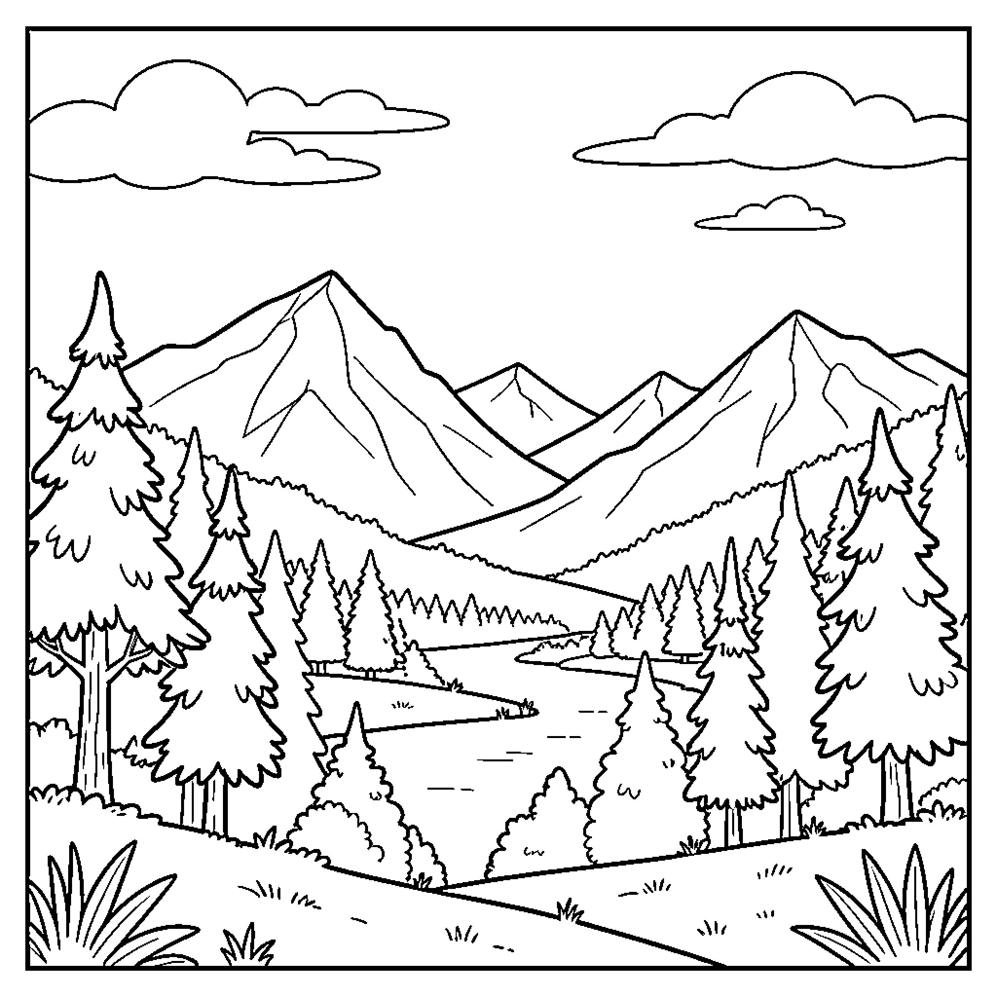 Image of a peaceful mountain landscape and forest Coloring Page (free black-and-white line drawing printable PDF for all, from beginners to advanced learners, including children, teens, adults, and seniors)