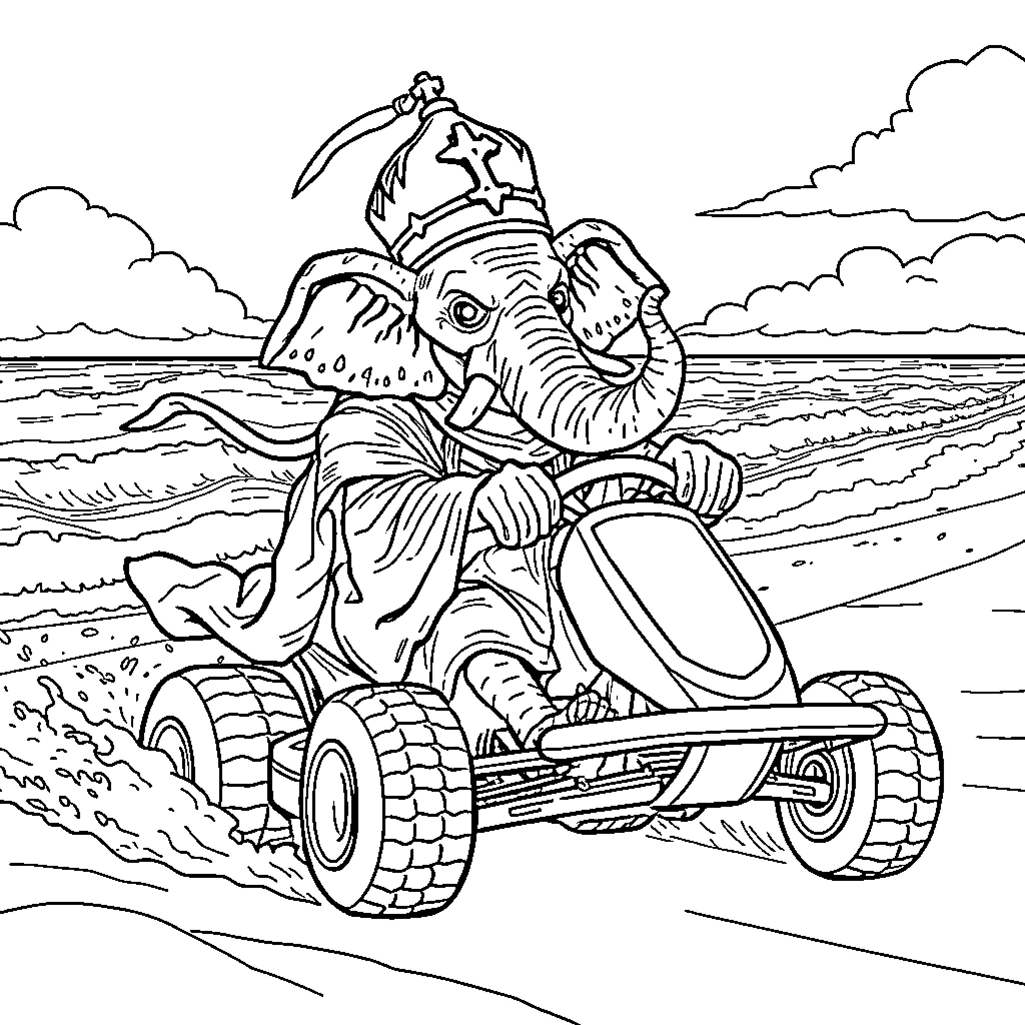 Zombie Elephant riding a quad on the beach Coloring Page (free black-and-white line drawing printable PDF for all, from beginners to advanced learners, including children, teens, adults, and seniors)