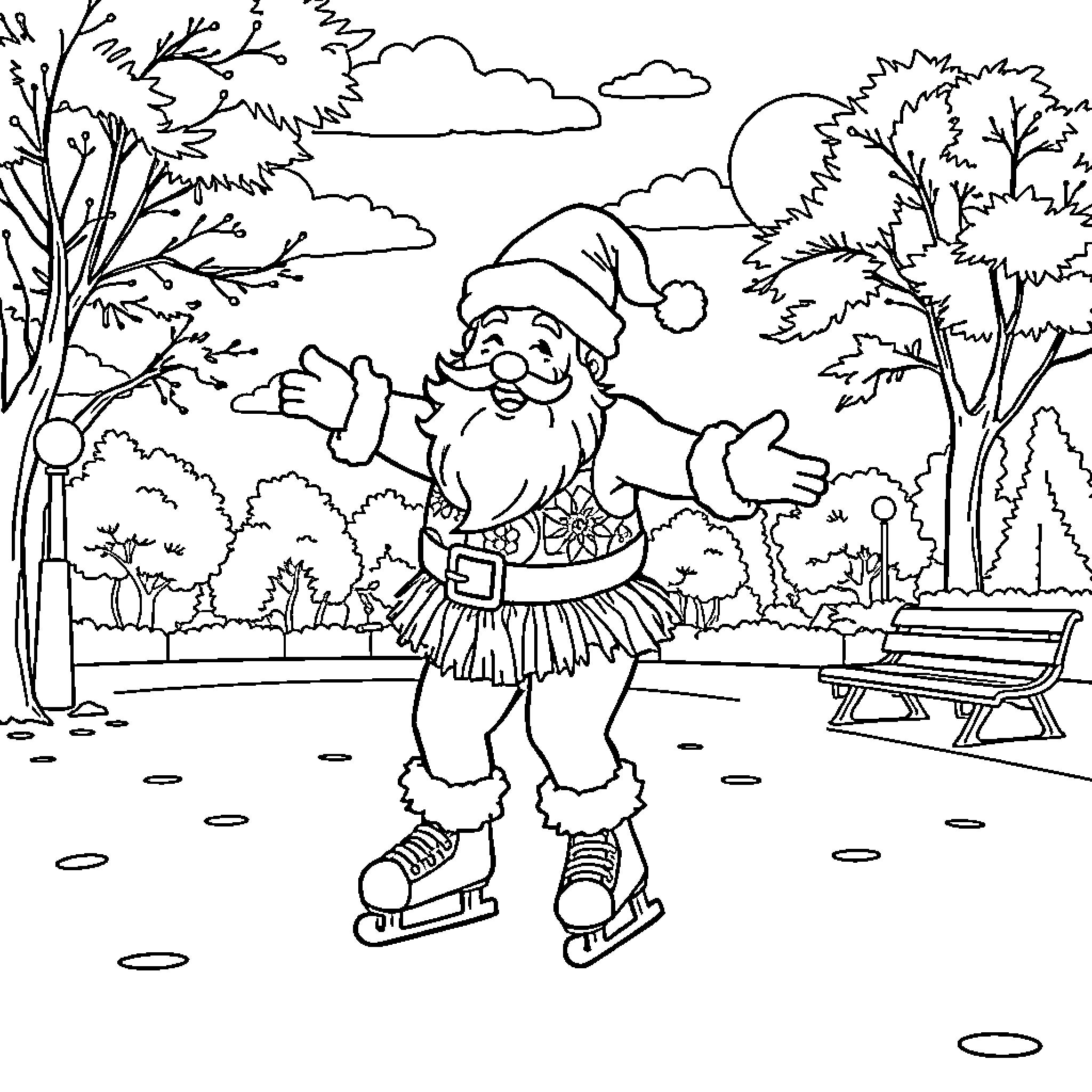 Santa ice skating joyfully in the winter park Coloring Page (free black-and-white line drawing printable PDF for all, from beginners to advanced learners, including children, teens, adults, and seniors)
