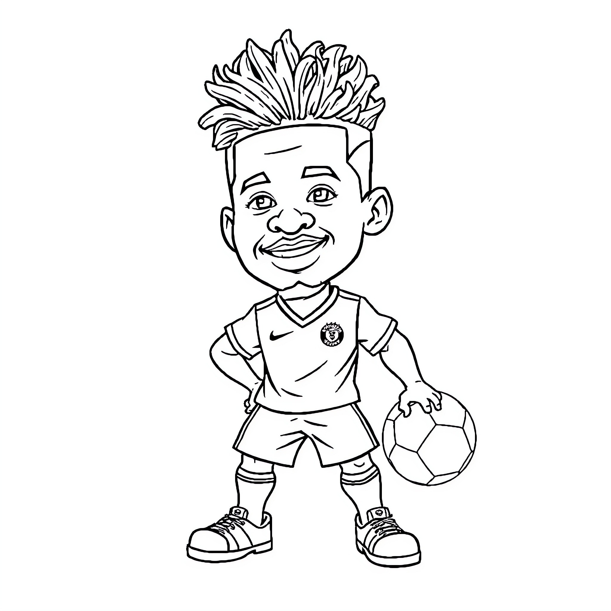 Footballer with stylish haircut playing with soccer ball Coloring Page (free black-and-white line drawing printable PDF for all, from beginners to advanced learners, including children, teens, adults, and seniors)