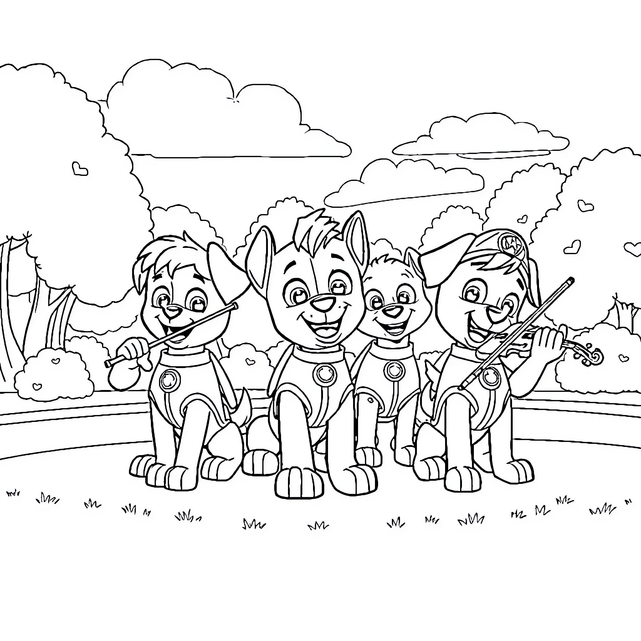 Paw Patrol pups playing together in the outdoors Coloring Page (free black-and-white line drawing printable PDF for all, from beginners to advanced learners, including children, teens, adults, and seniors)