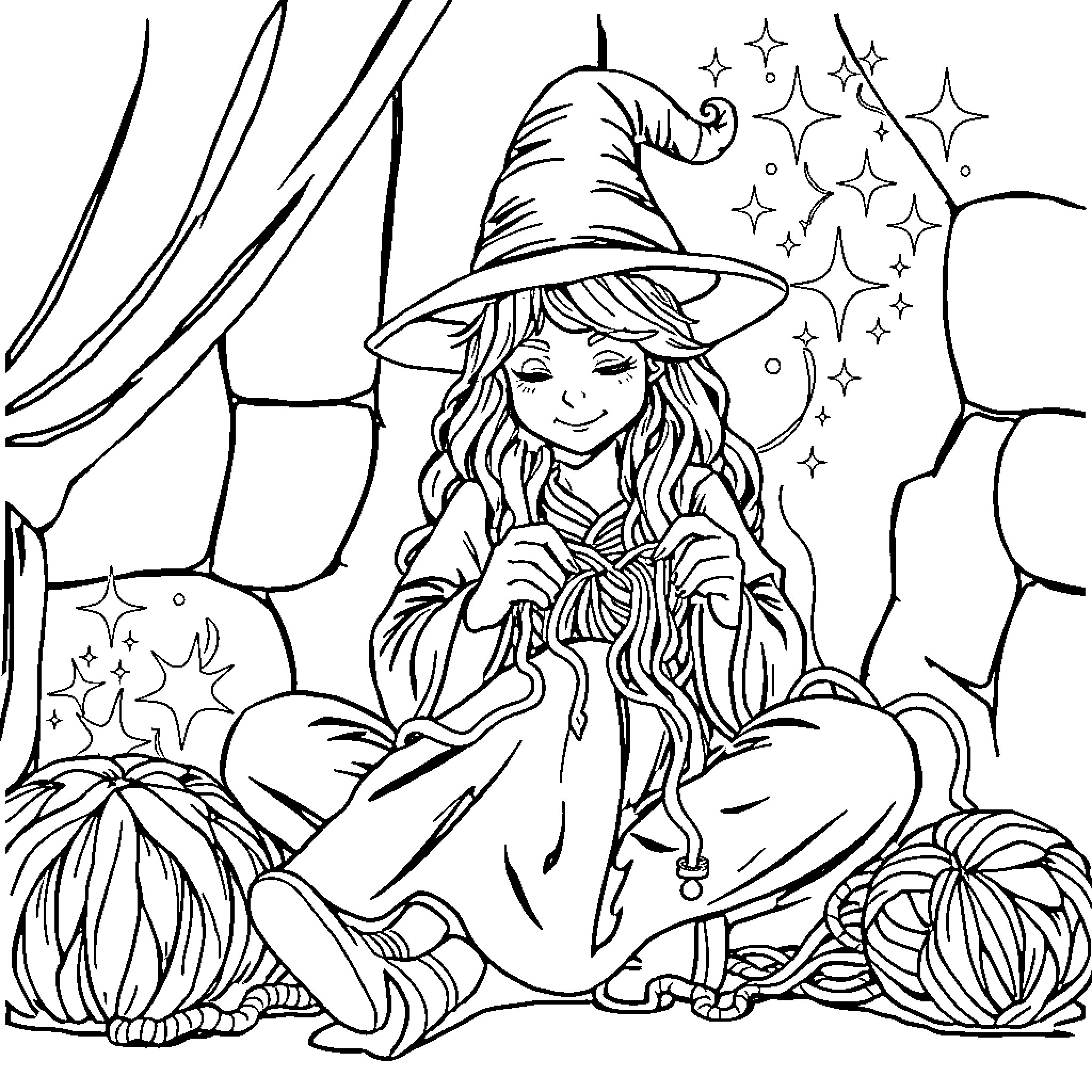 Witch casting a spell in a magical setting Coloring Page (free black-and-white line drawing printable PDF for all, from beginners to advanced learners, including children, teens, adults, and seniors)