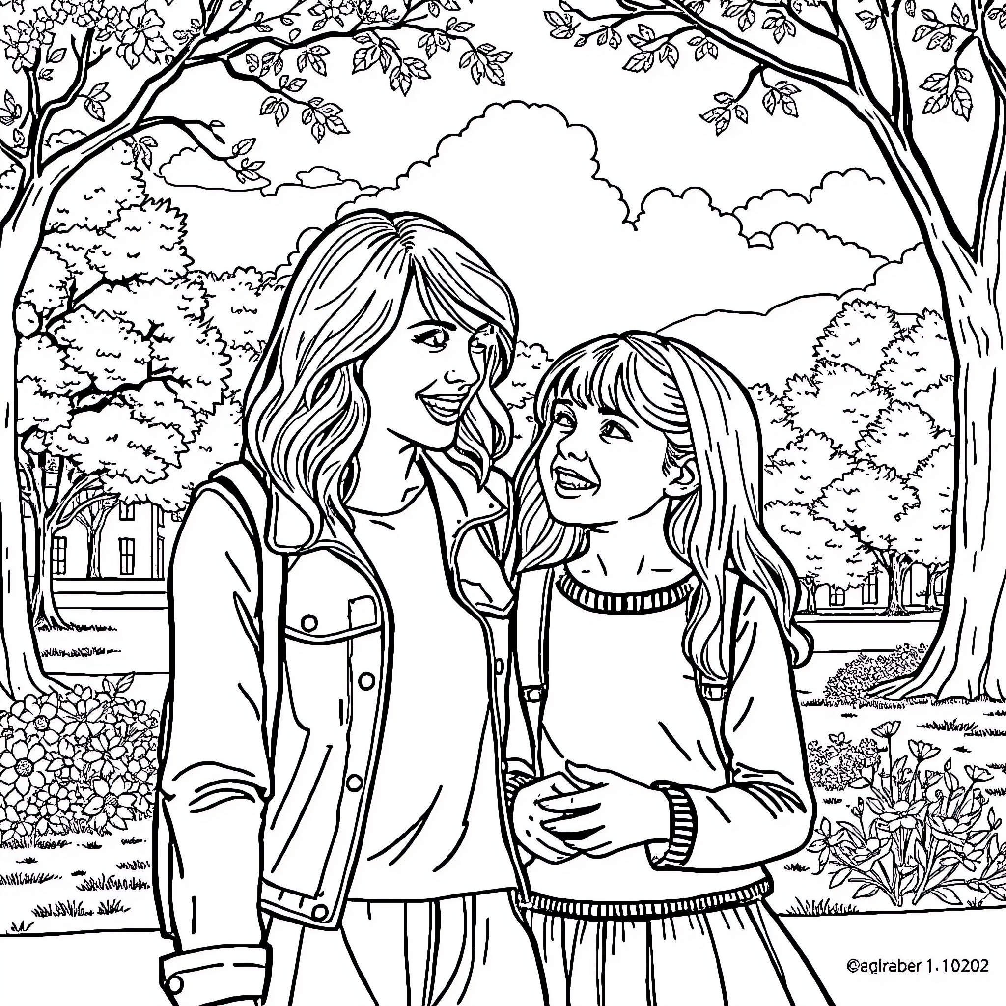 Taylor Swift and friend enjoying the outdoors Coloring Page (free black-and-white line drawing printable PDF for all, from beginners to advanced learners, including children, teens, adults, and seniors)
