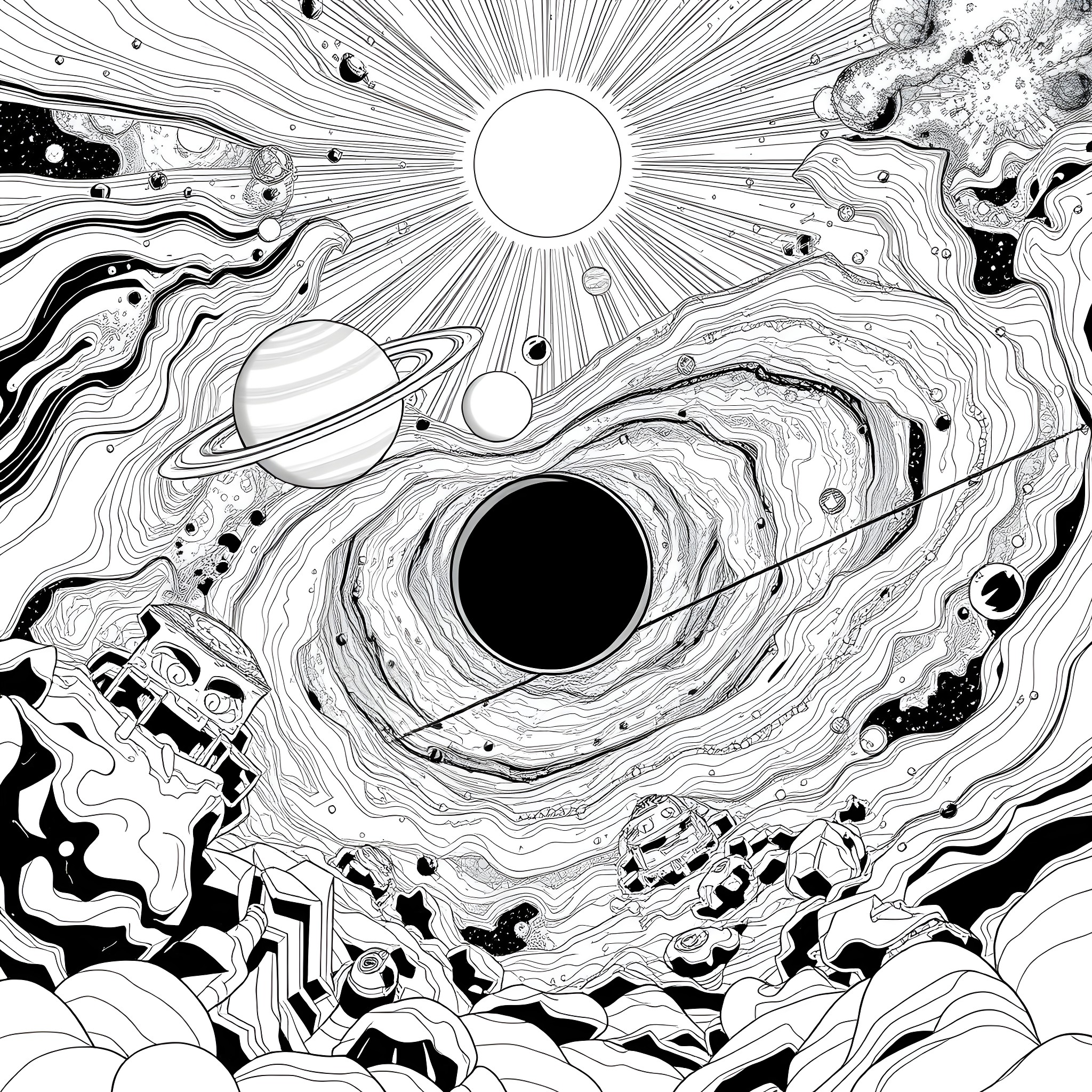 Planet with mysterious cosmic entities and celestial bodies Coloring Page (free black-and-white line drawing printable PDF for all, from beginners to advanced learners, including children, teens, adults, and seniors)
