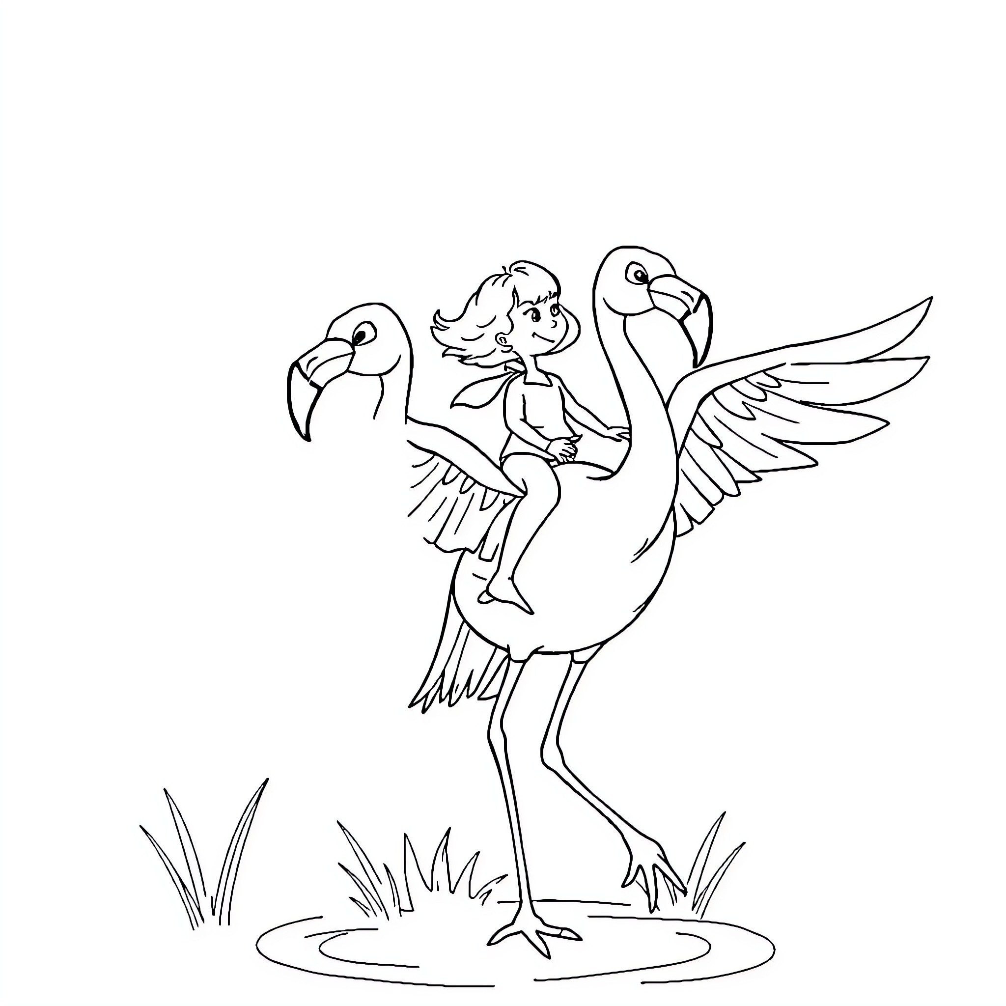 Yanis riding on a friendly flamingo Coloring Page (free black-and-white line drawing printable PDF for all, from beginners to advanced learners, including children, teens, adults, and seniors)