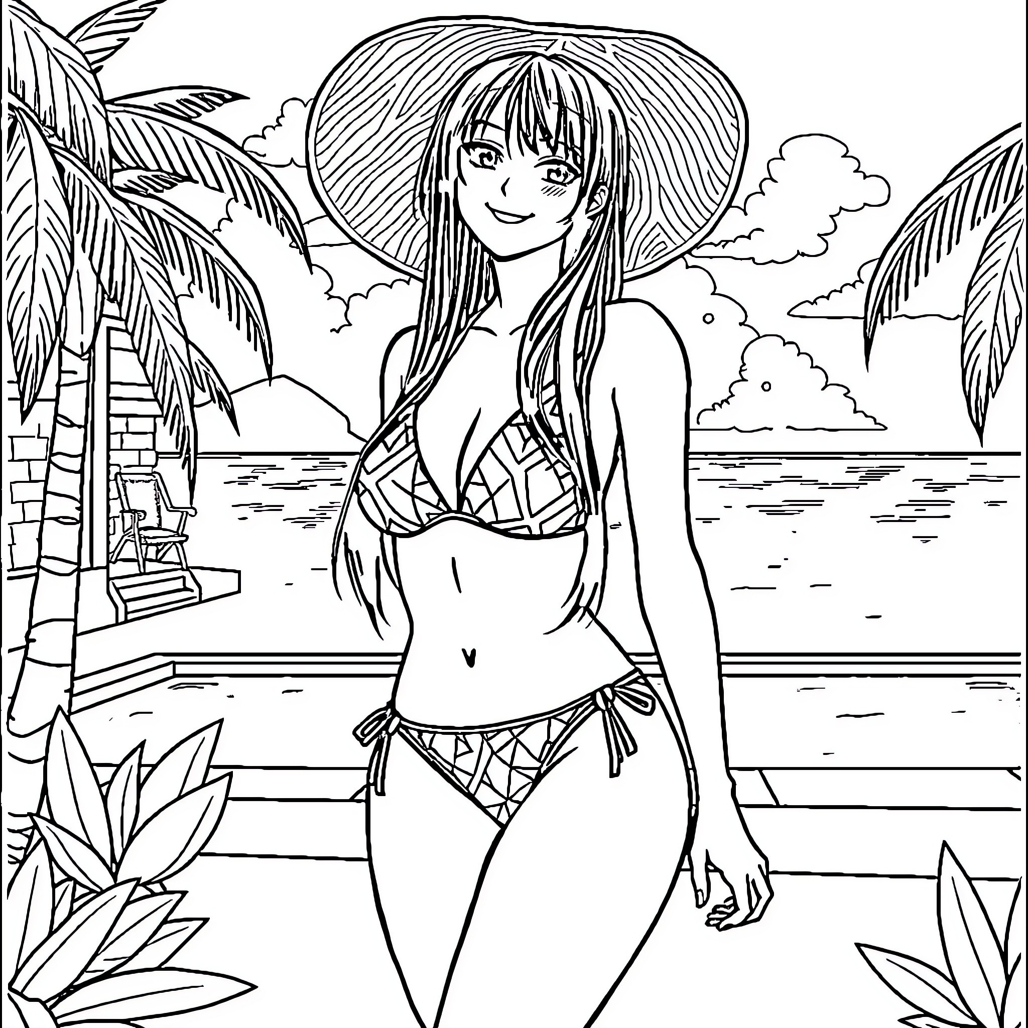 Hinata Hyuga enjoying a sunny day at the beach Coloring Page (free black-and-white line drawing printable PDF for all, from beginners to advanced learners, including children, teens, adults, and seniors)