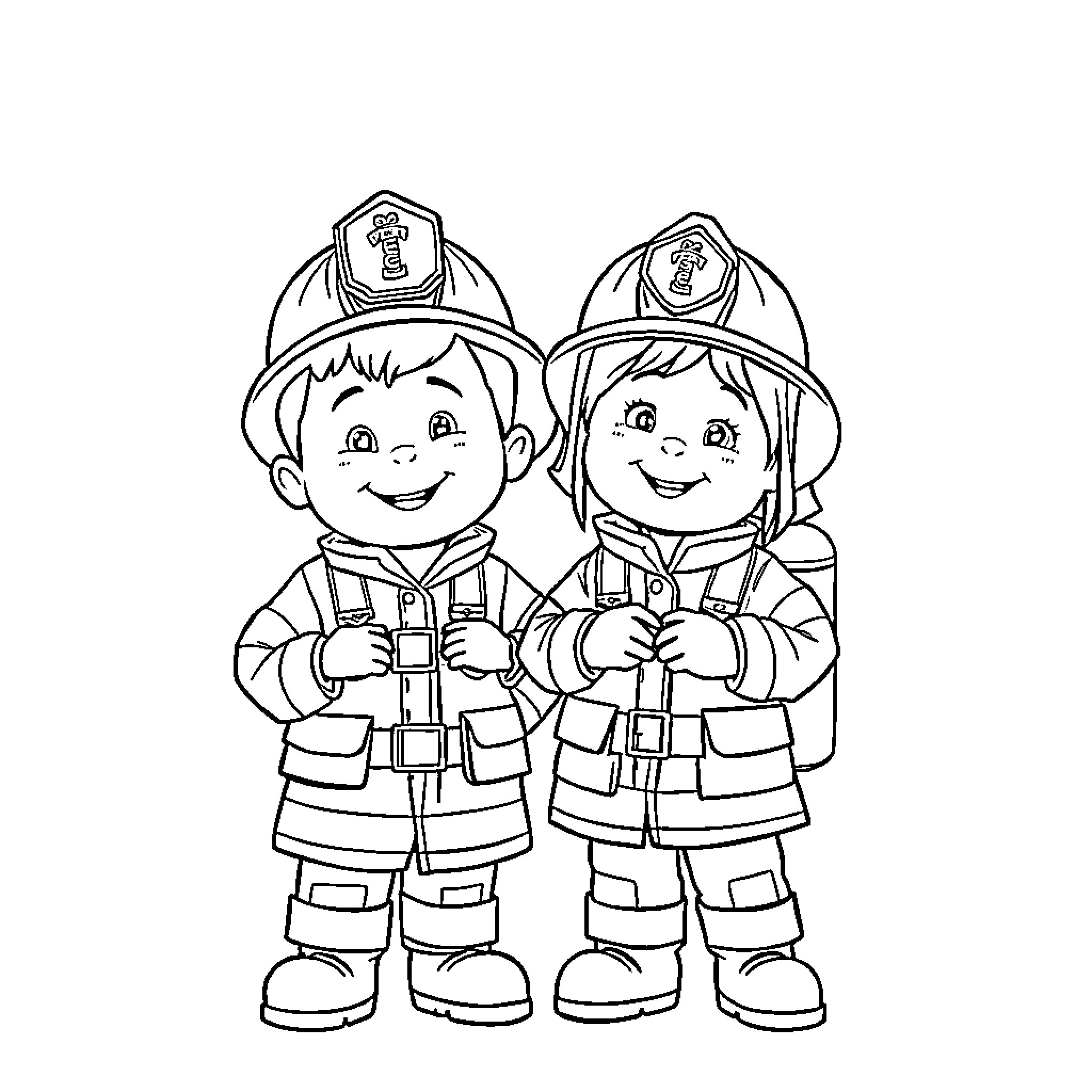 Firefighter children in uniform with gear Coloring Page (free black-and-white line drawing printable PDF for all, from beginners to advanced learners, including children, teens, adults, and seniors)