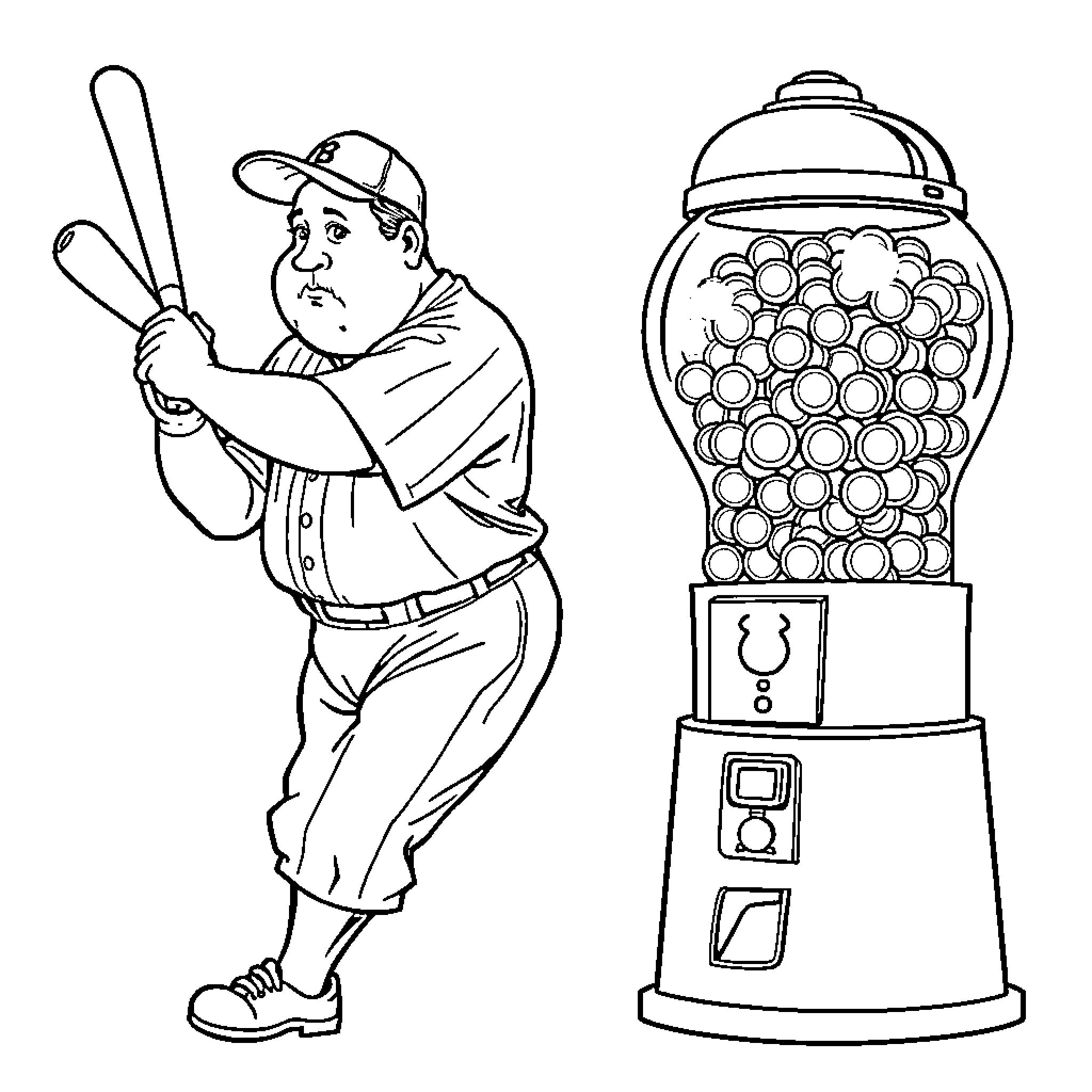 Babe Ruth playing baseball near gumball machine Coloring Page (free black-and-white line drawing printable PDF for all, from beginners to advanced learners, including children, teens, adults, and seniors)