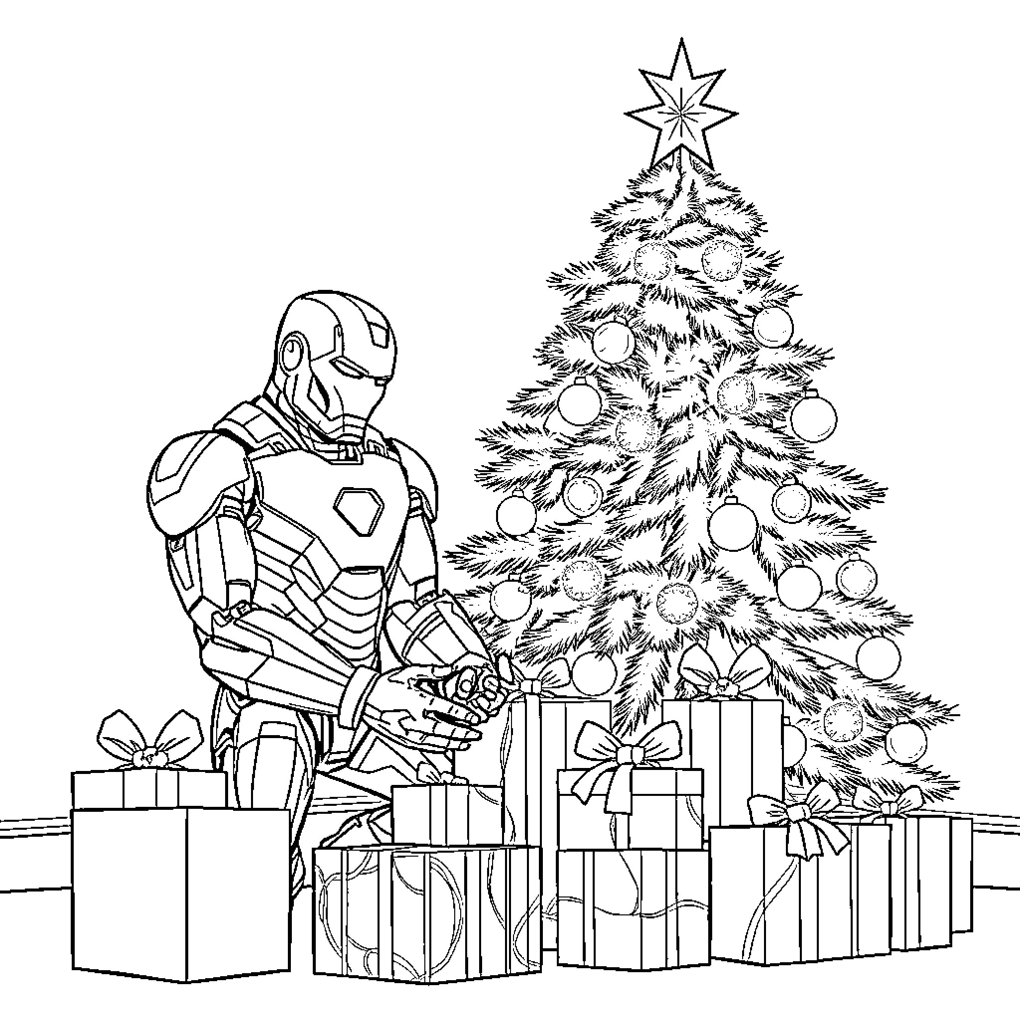 Ironman Decorating Christmas Tree with Presents Coloring Page (free black-and-white line drawing printable PDF for all, from beginners to advanced learners, including children, teens, adults, and seniors)
