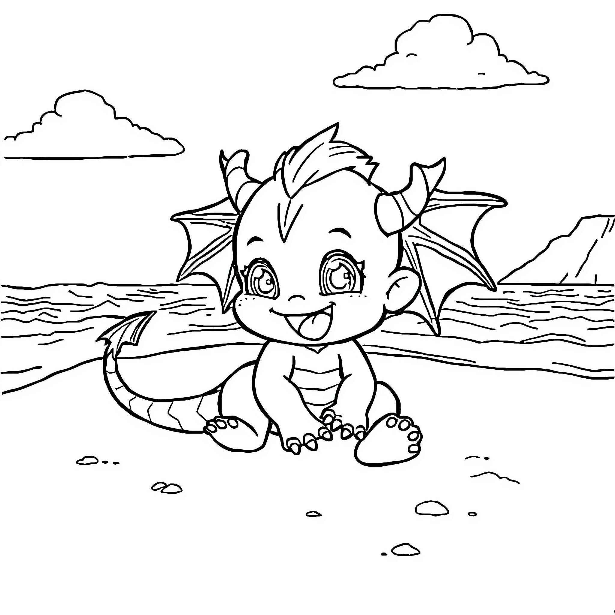 Gorgo the Playful Dragon on the Beach Coloring Page (free black-and-white line drawing printable PDF for all, from beginners to advanced learners, including children, teens, adults, and seniors)