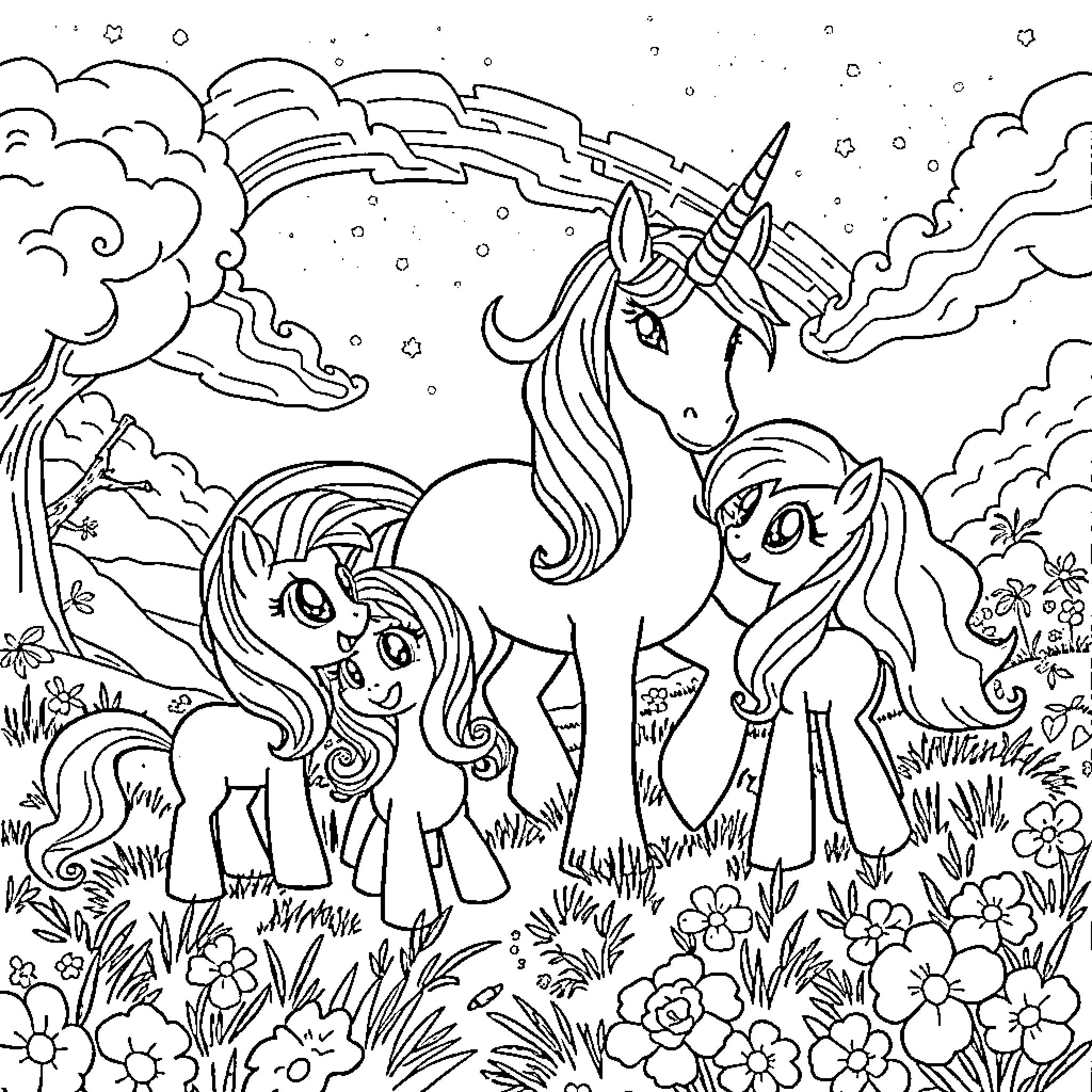Pony friends explore a magical meadow Coloring Page (free black-and-white line drawing printable PDF for all, from beginners to advanced learners, including children, teens, adults, and seniors)