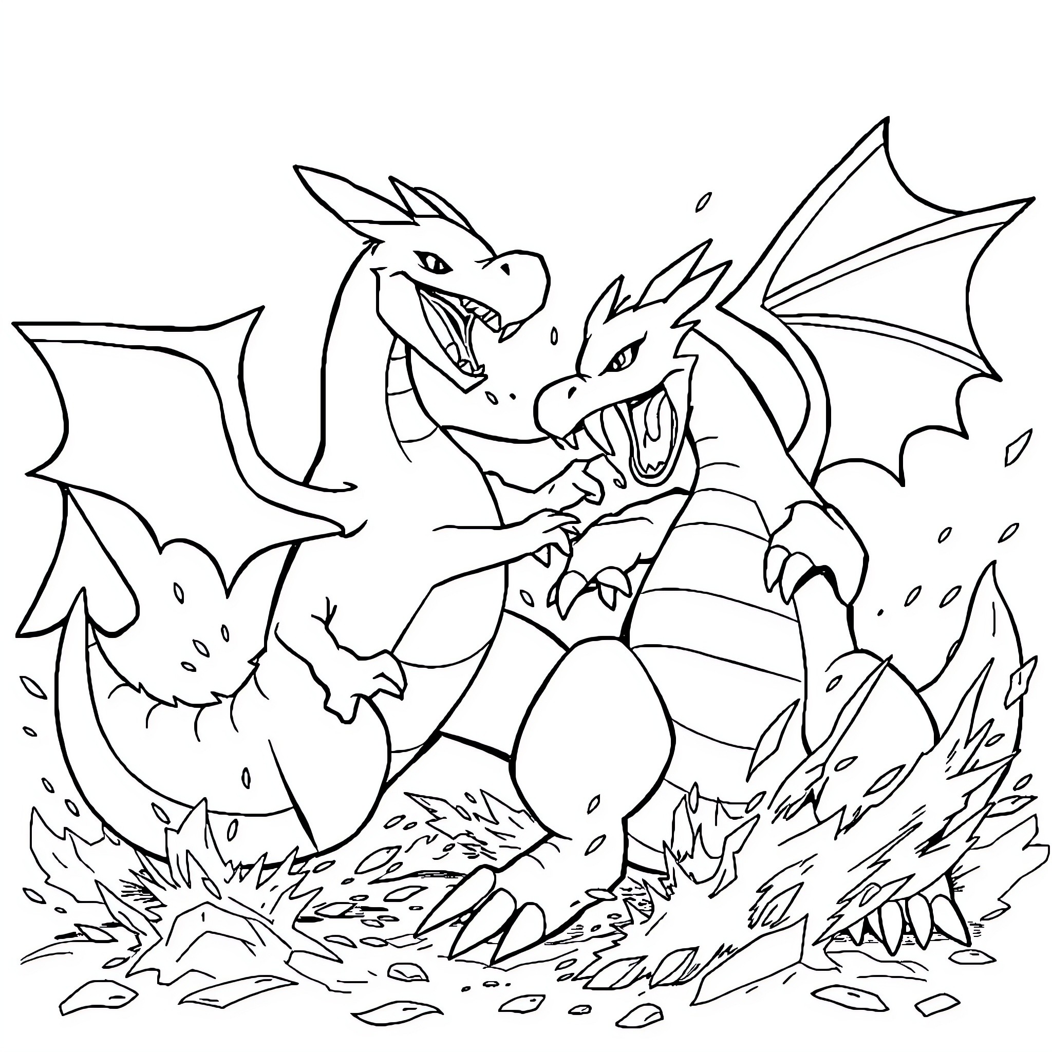 Gyarados battling fiercely in dramatic landscape Coloring Page (free black-and-white line drawing printable PDF for all, from beginners to advanced learners, including children, teens, adults, and seniors)
