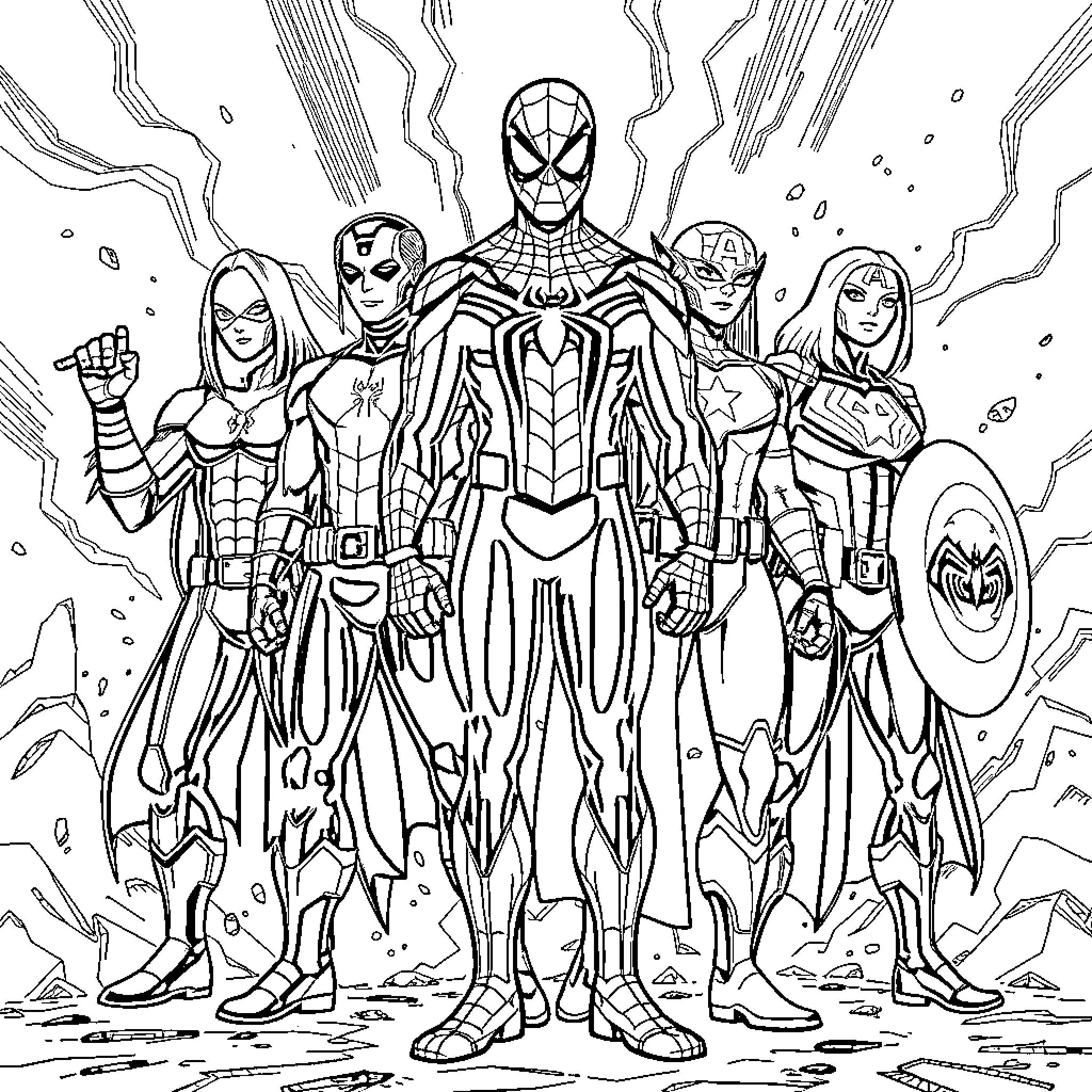 Spider-Man and his heroic team in action Coloring Page (free black-and-white line drawing printable PDF for all, from beginners to advanced learners, including children, teens, adults, and seniors)