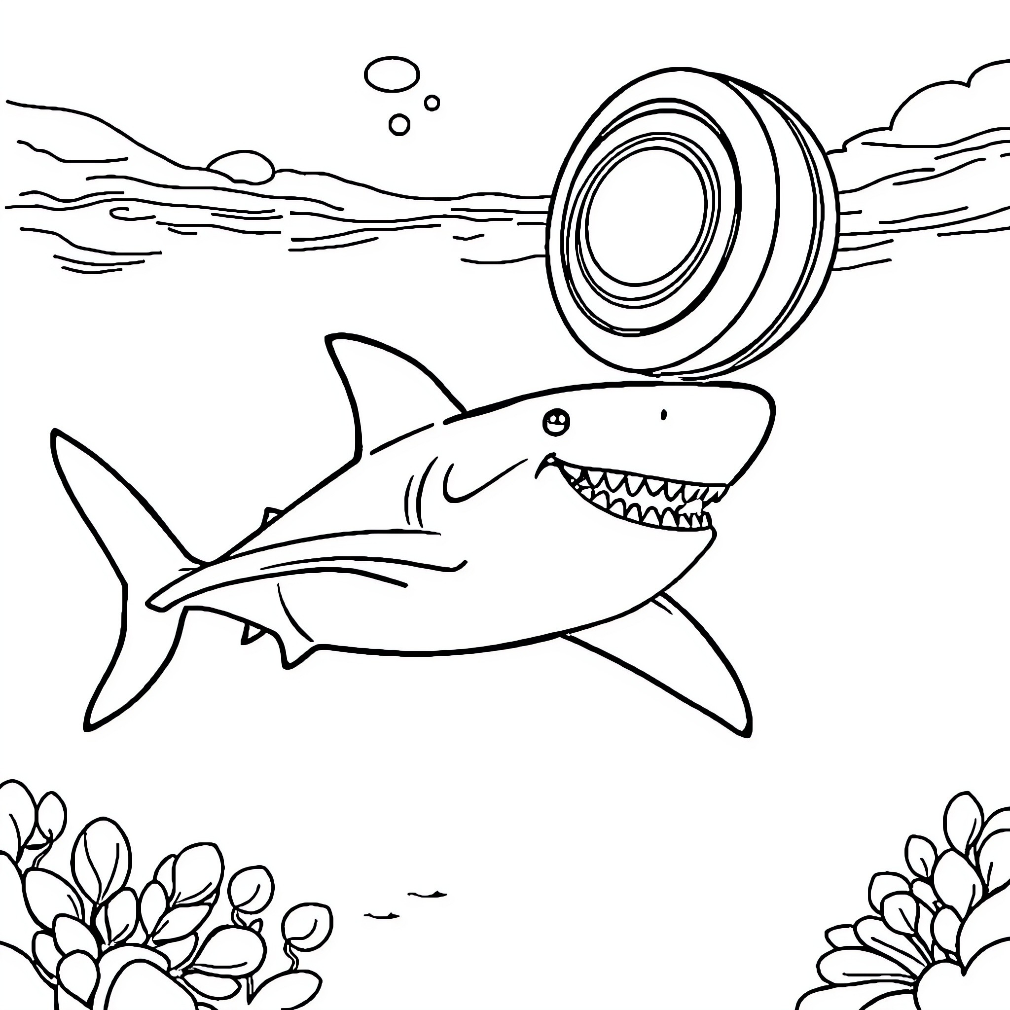 Shark leaping towards a floating object in the ocean Coloring Page (free black-and-white line drawing printable PDF for all, from beginners to advanced learners, including children, teens, adults, and seniors)